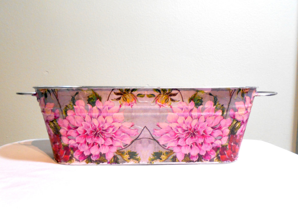 dahlia metal planter pink front shot cottage core home decor floral vintage mothers day birthday