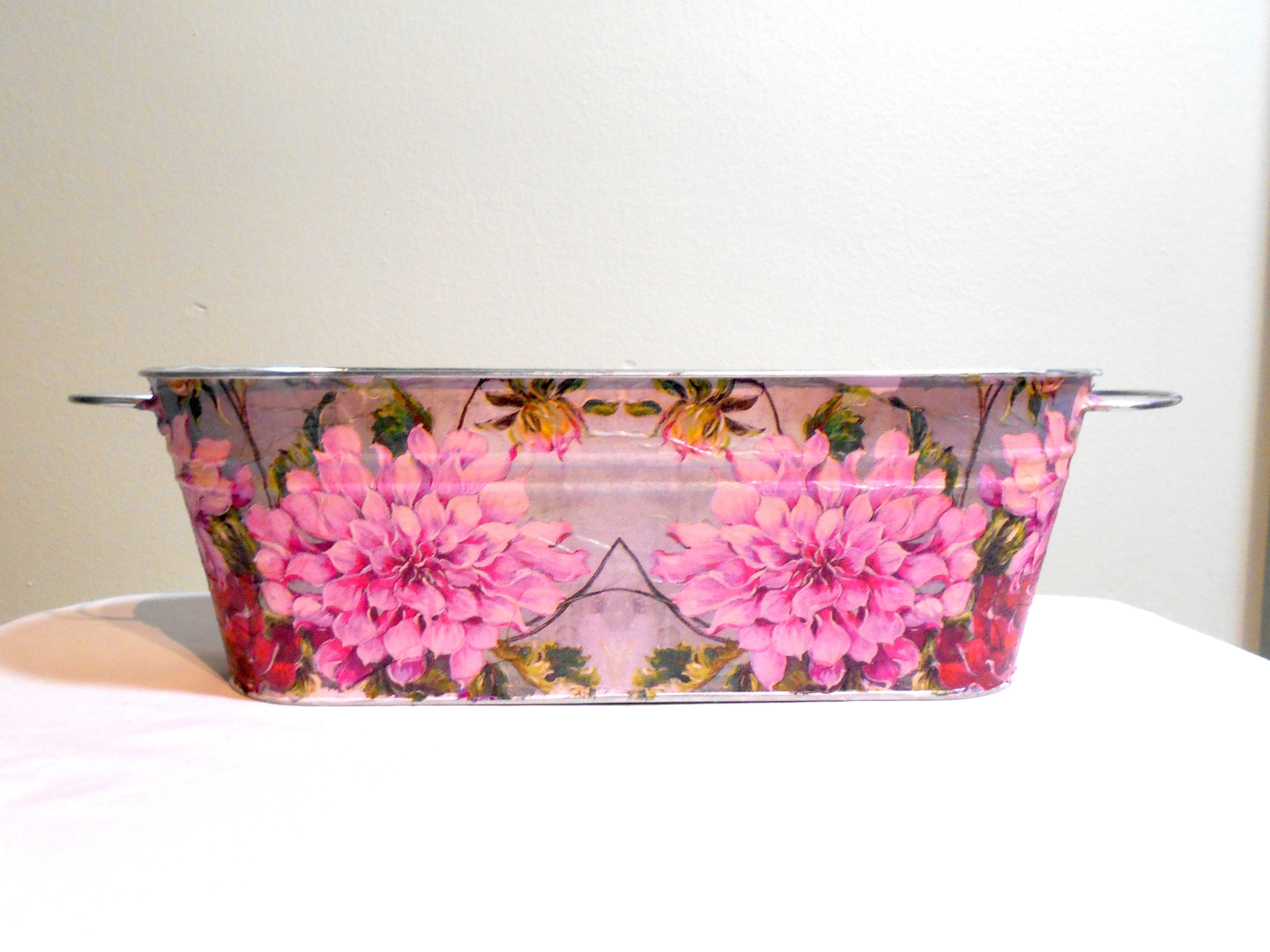 dahlia metal planter pink front shot cottage core home decor floral vintage mothers day birthday