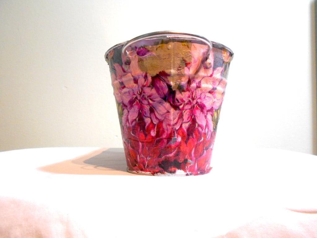 side shot dahlia metal planter pink cottage core home decor vintage floral mothers day birthday
