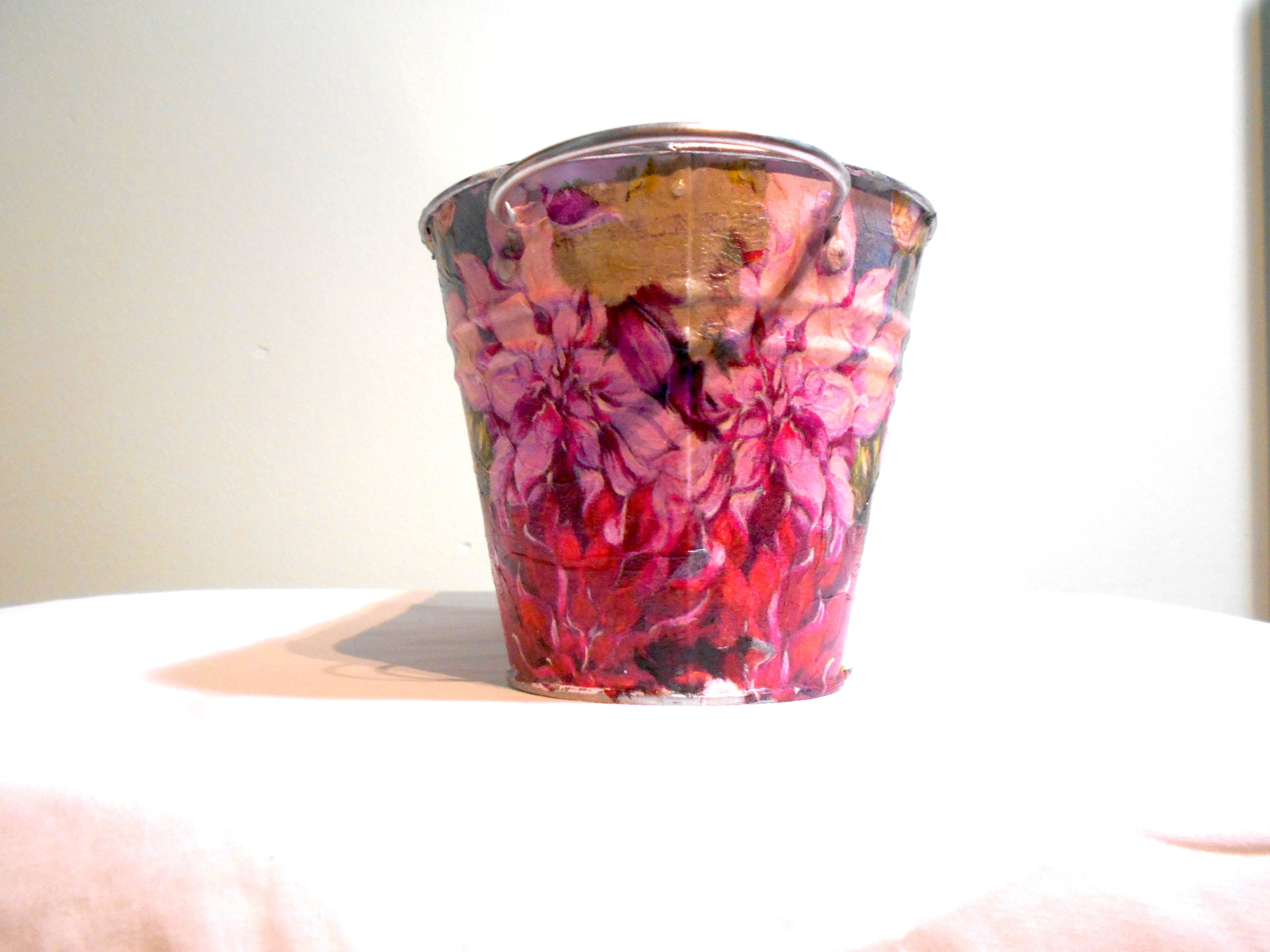 side shot dahlia metal planter pink cottage core home decor vintage floral mothers day birthday