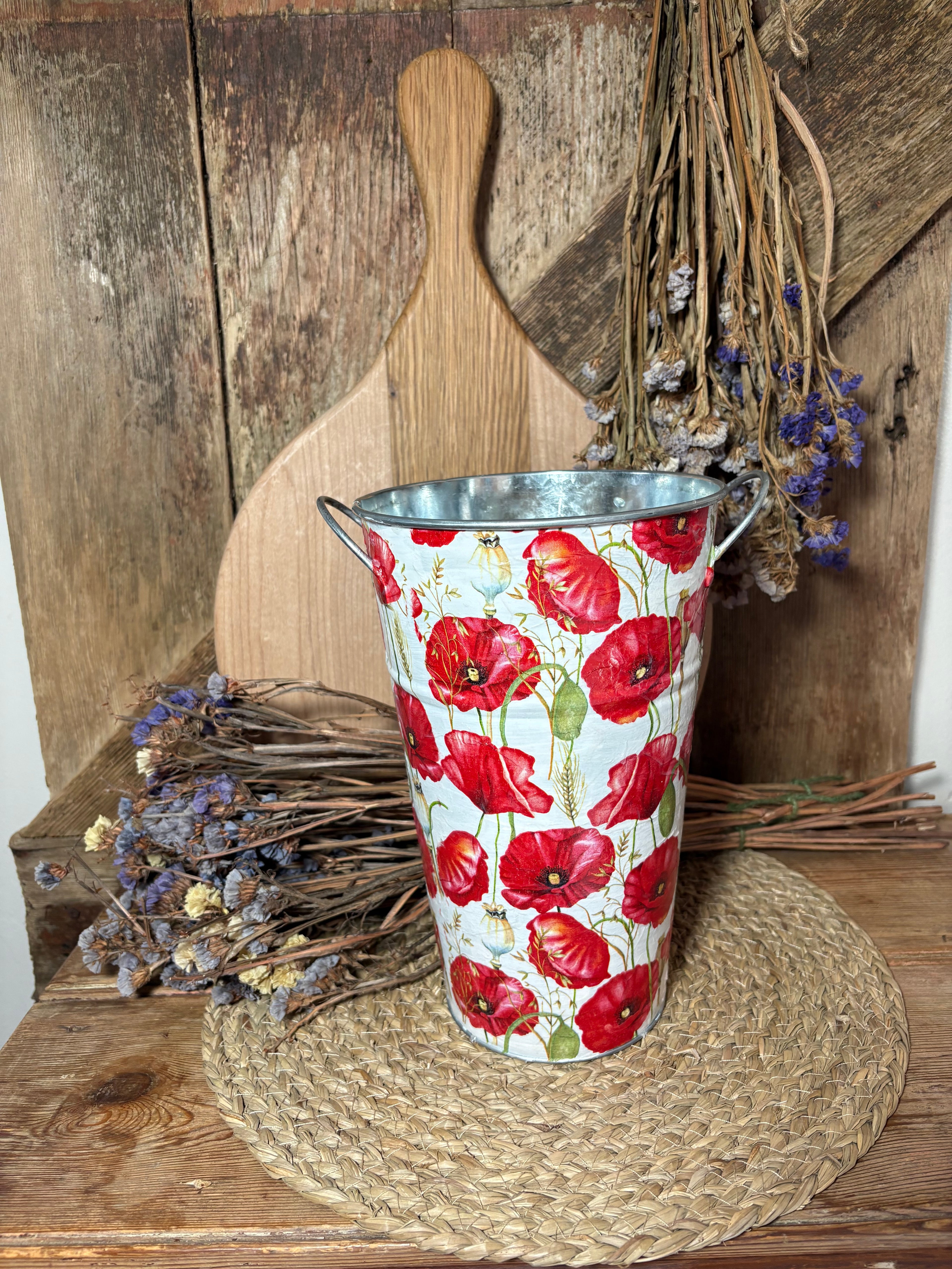 front shot tall poppy metal planter cottage core vintage floral home decor red white green birthday wedding