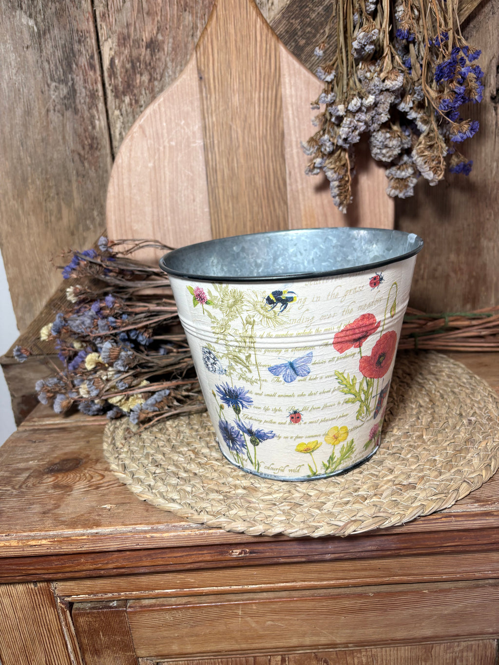 cottage core vintage floral home decor front shot metal planter poppy cornflower red blue cream birthday wedding