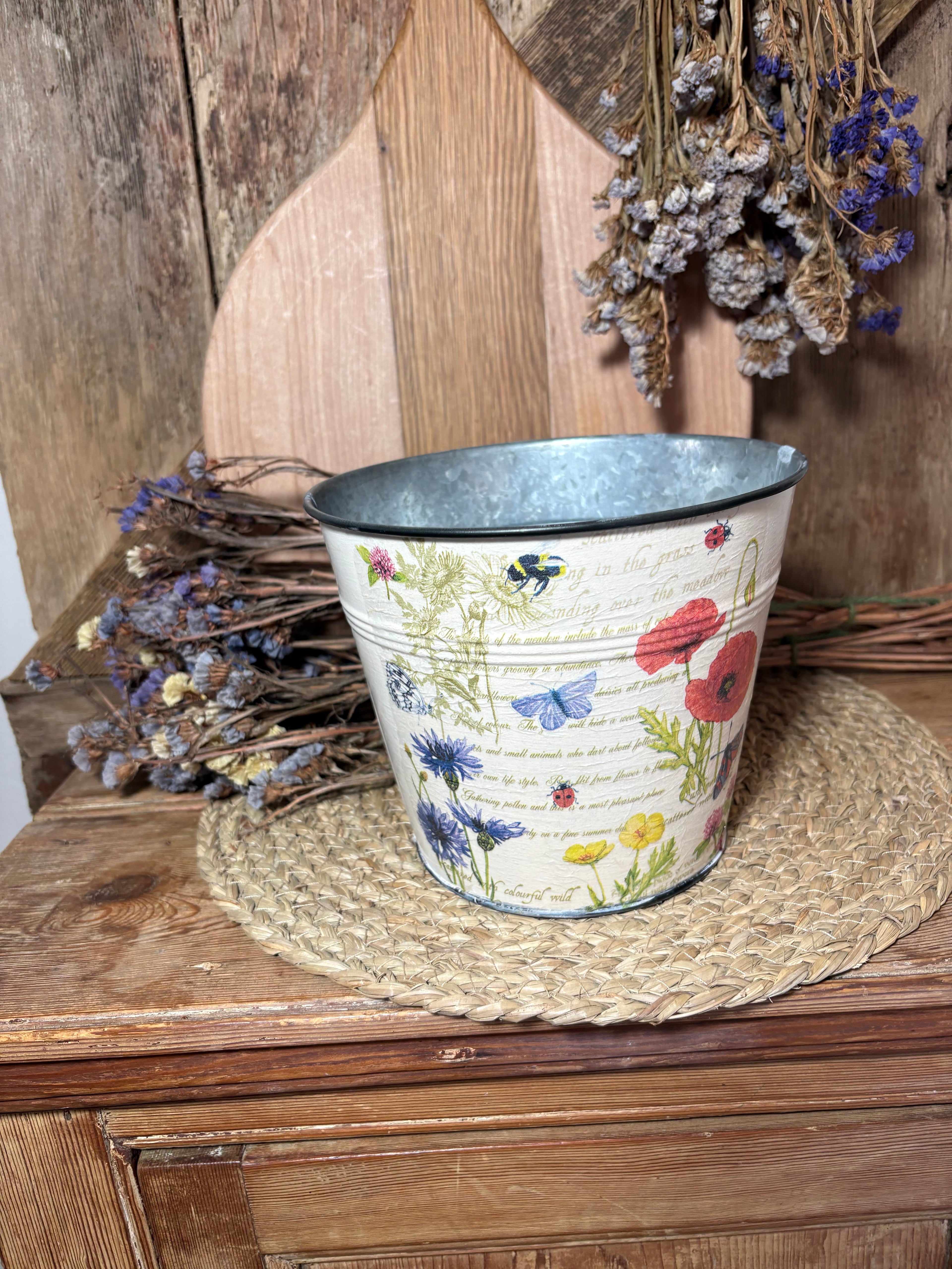 cottage core vintage floral home decor front shot metal planter poppy cornflower red blue cream birthday wedding
