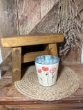 front shot poppy cream red pink metal planter vintage floral cottage core home decor birthday wedding