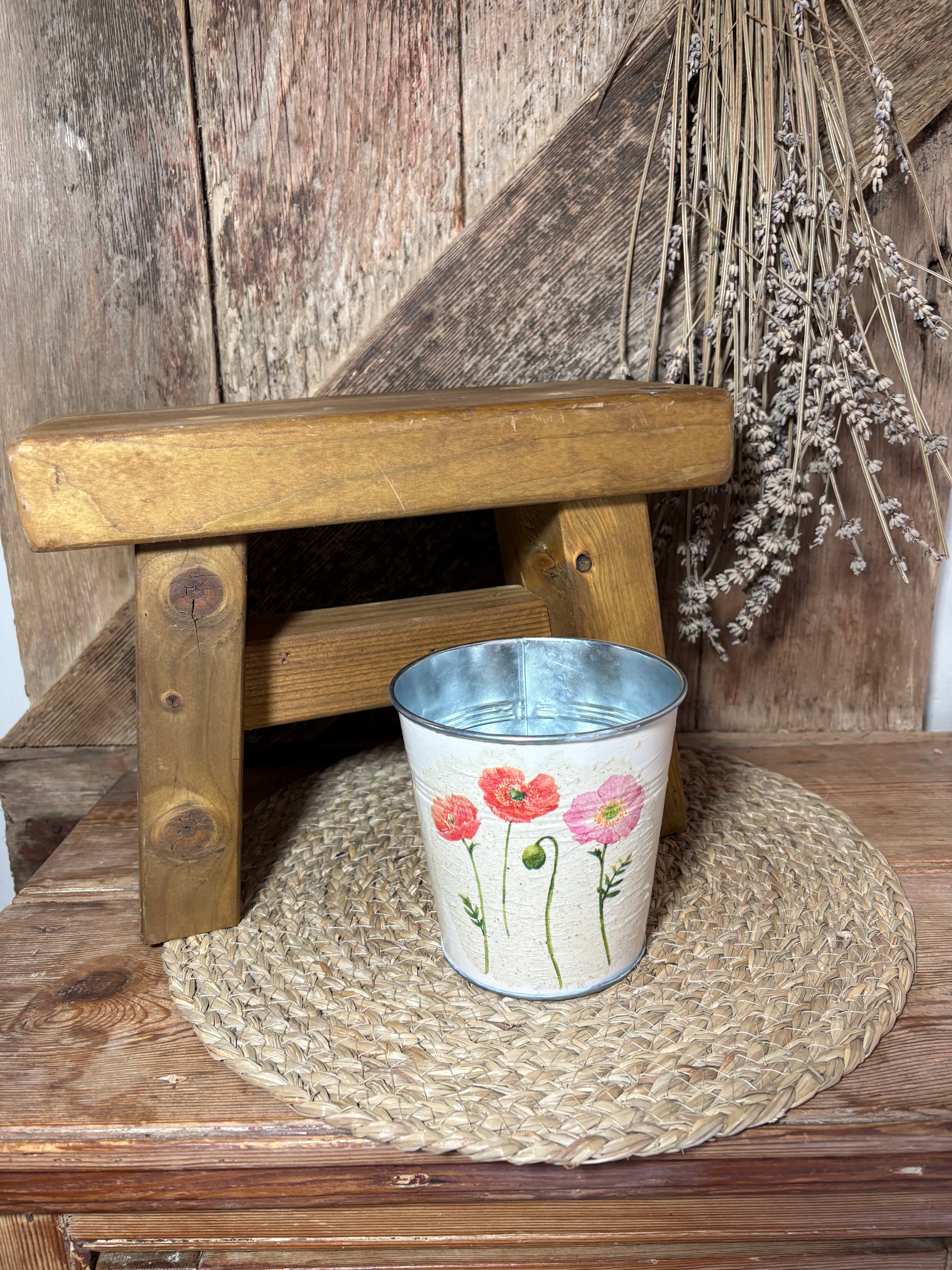 front shot poppy cream red pink metal planter vintage floral cottage core home decor birthday wedding