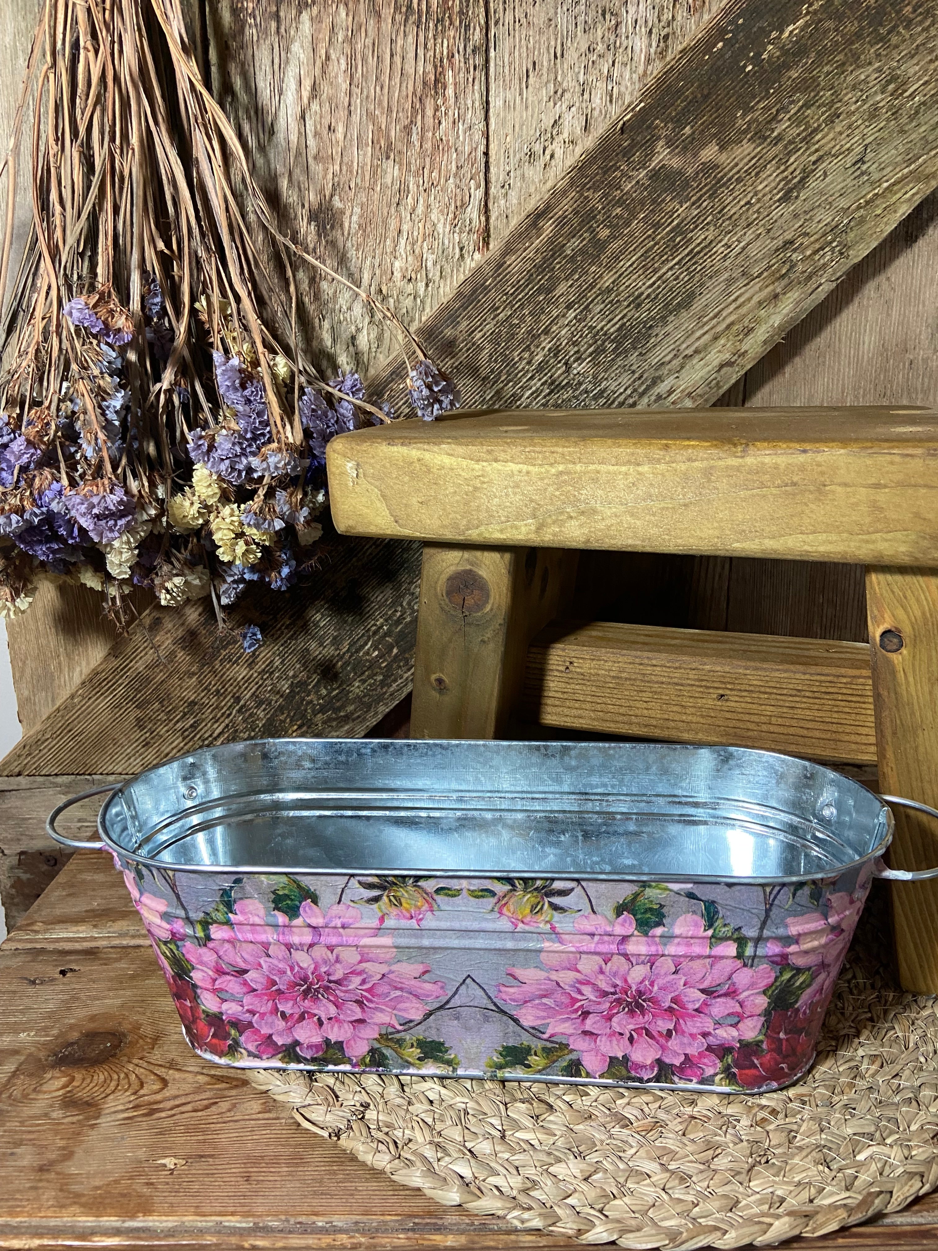dahlia front shot metal planter pink cottage core home decor vintage floral mothers day birthday