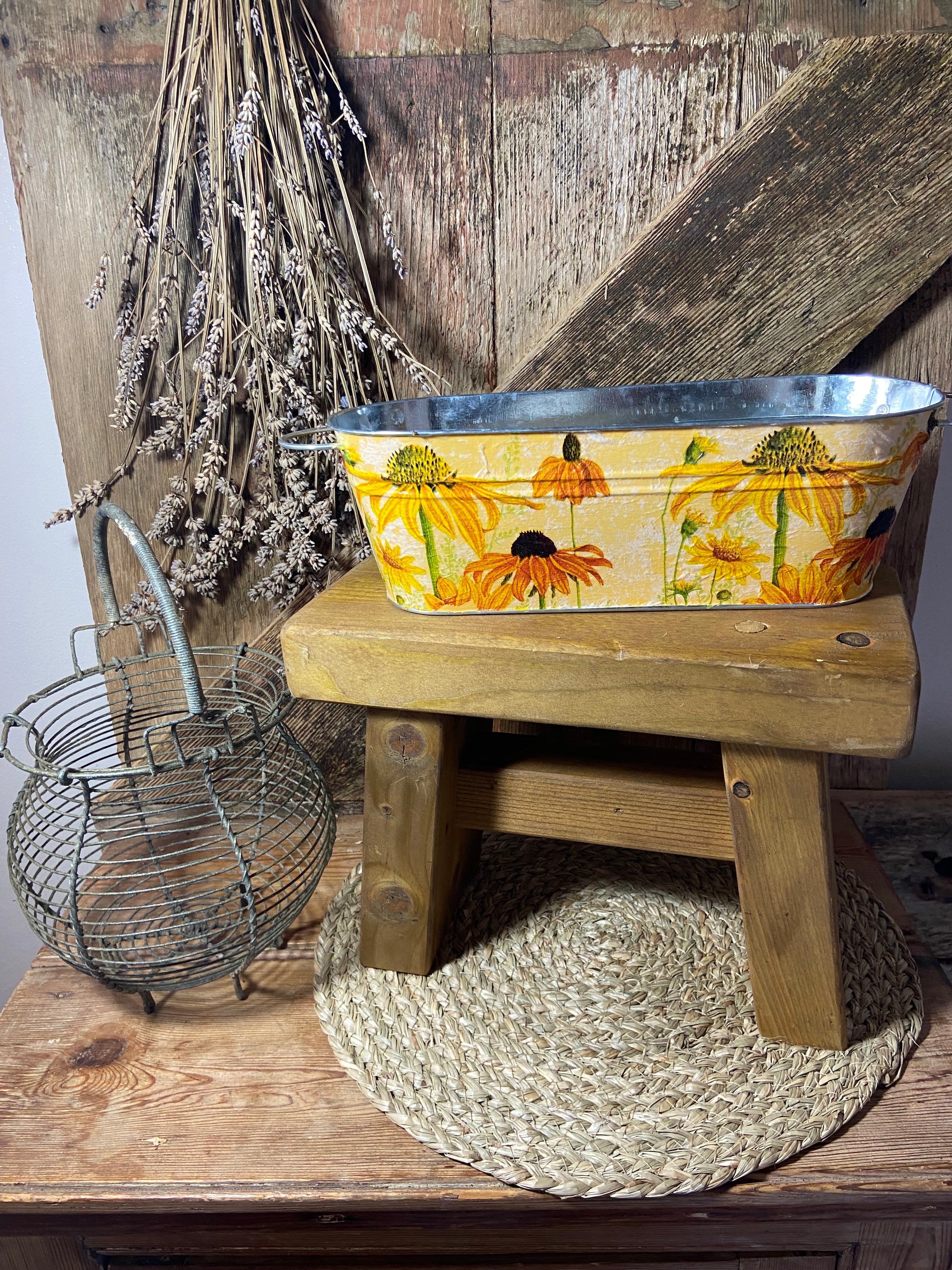 front metal planter rudbeckia yellow orange cottage core home decor vintage floral mothers day birthday