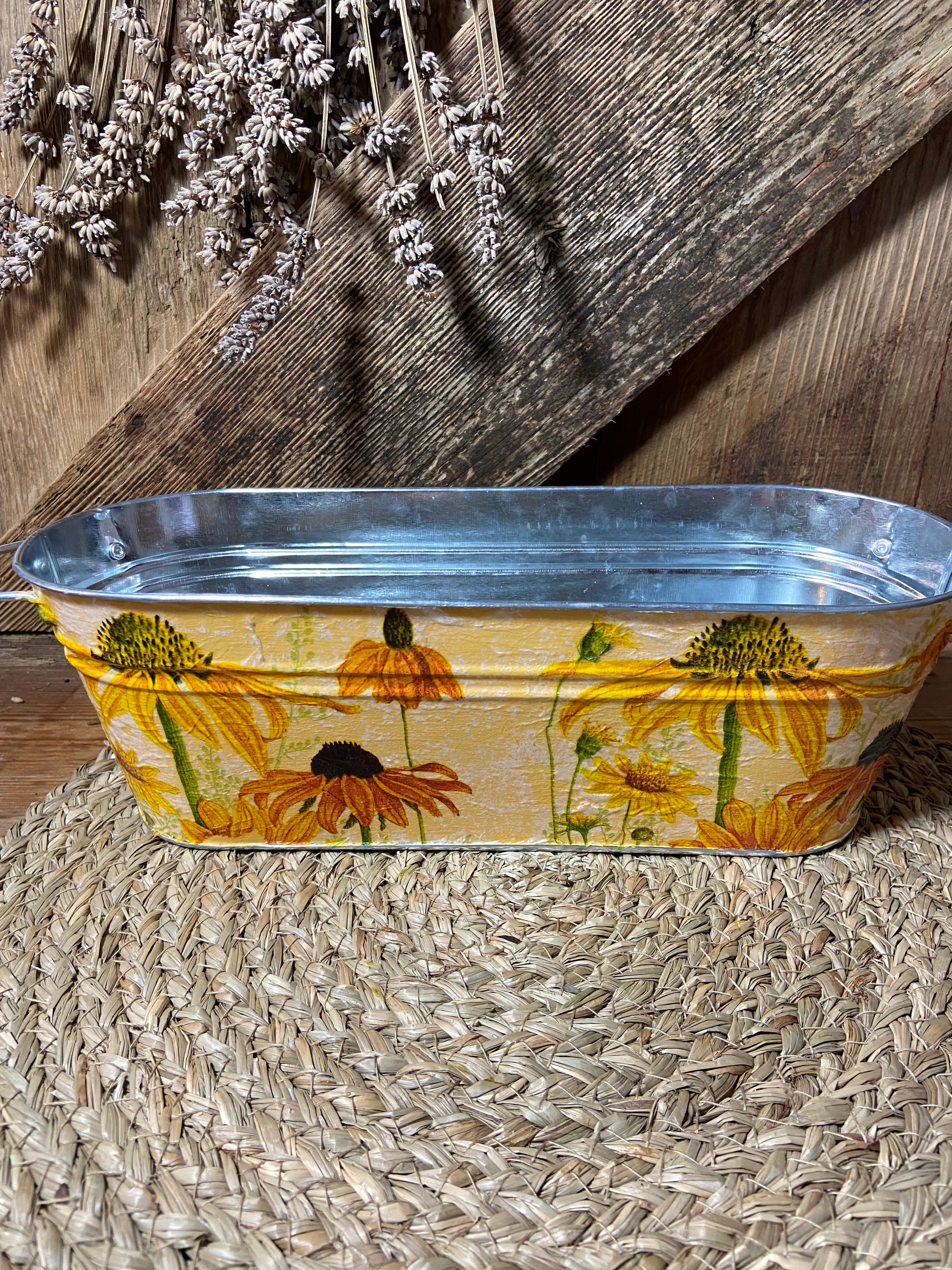 back view metal planter rudbeckia yellow orange cottage core home decor floral vintage mothers day birthday