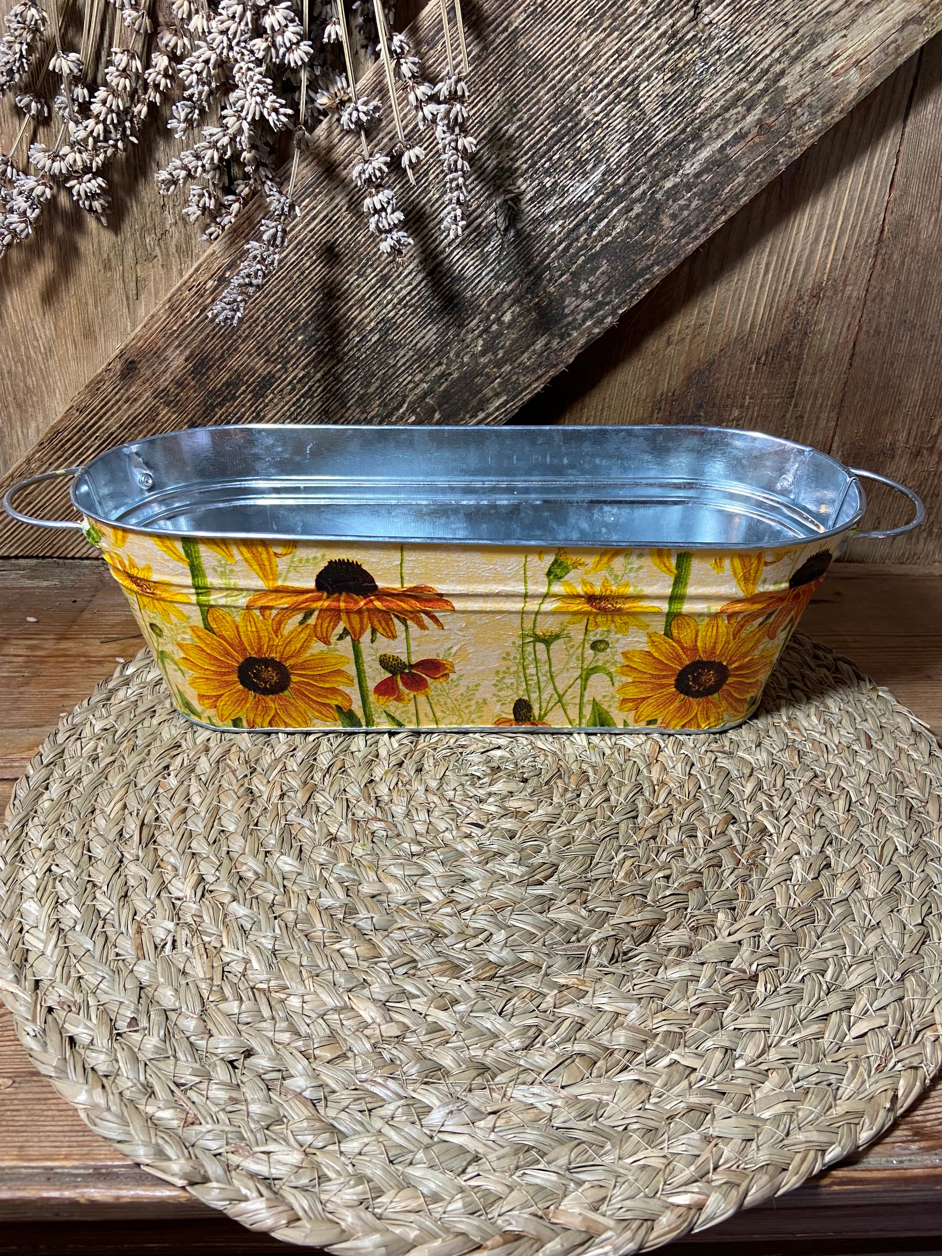 metal planter rudbeckia yellow orange front shot cottage core home decor vintage floral mothers day birthday