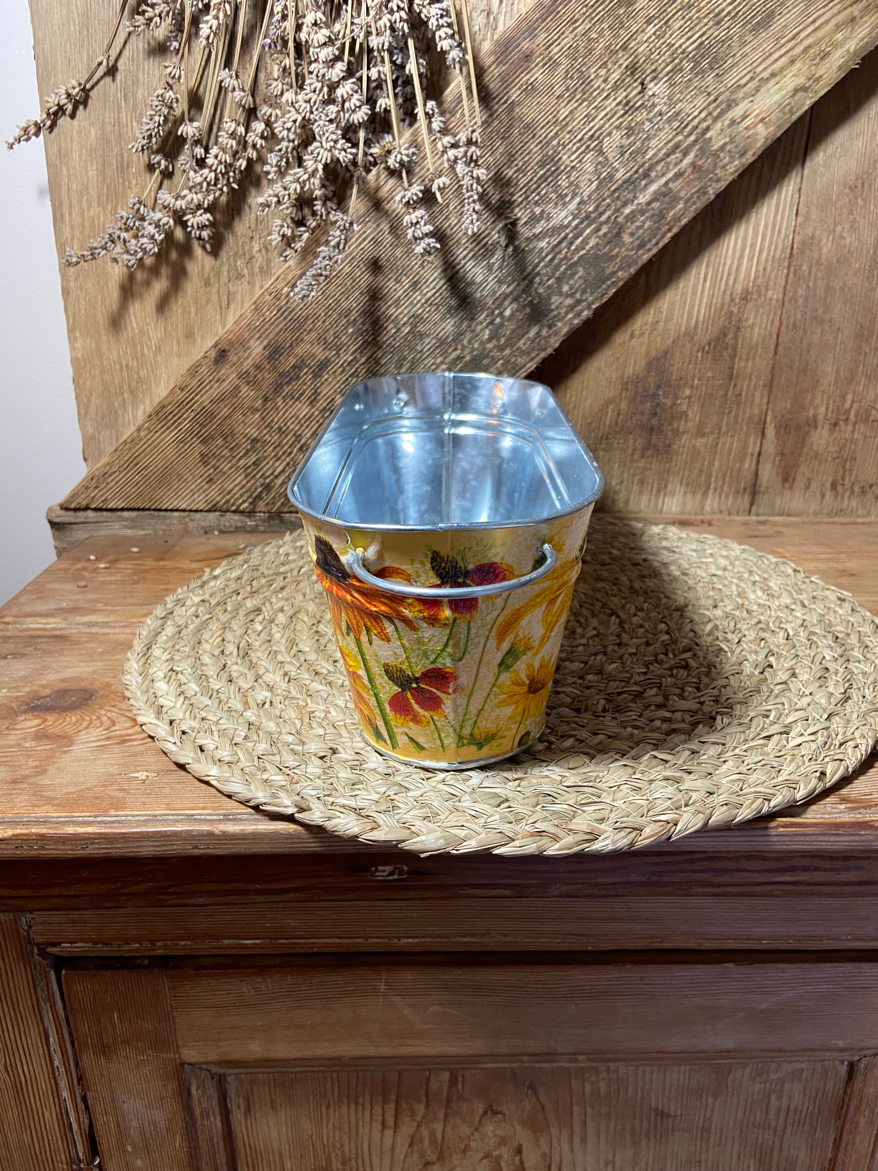 rudbeckia yellow orange side shot metal planter cottage core home decor vintage floral mothers day birthday
