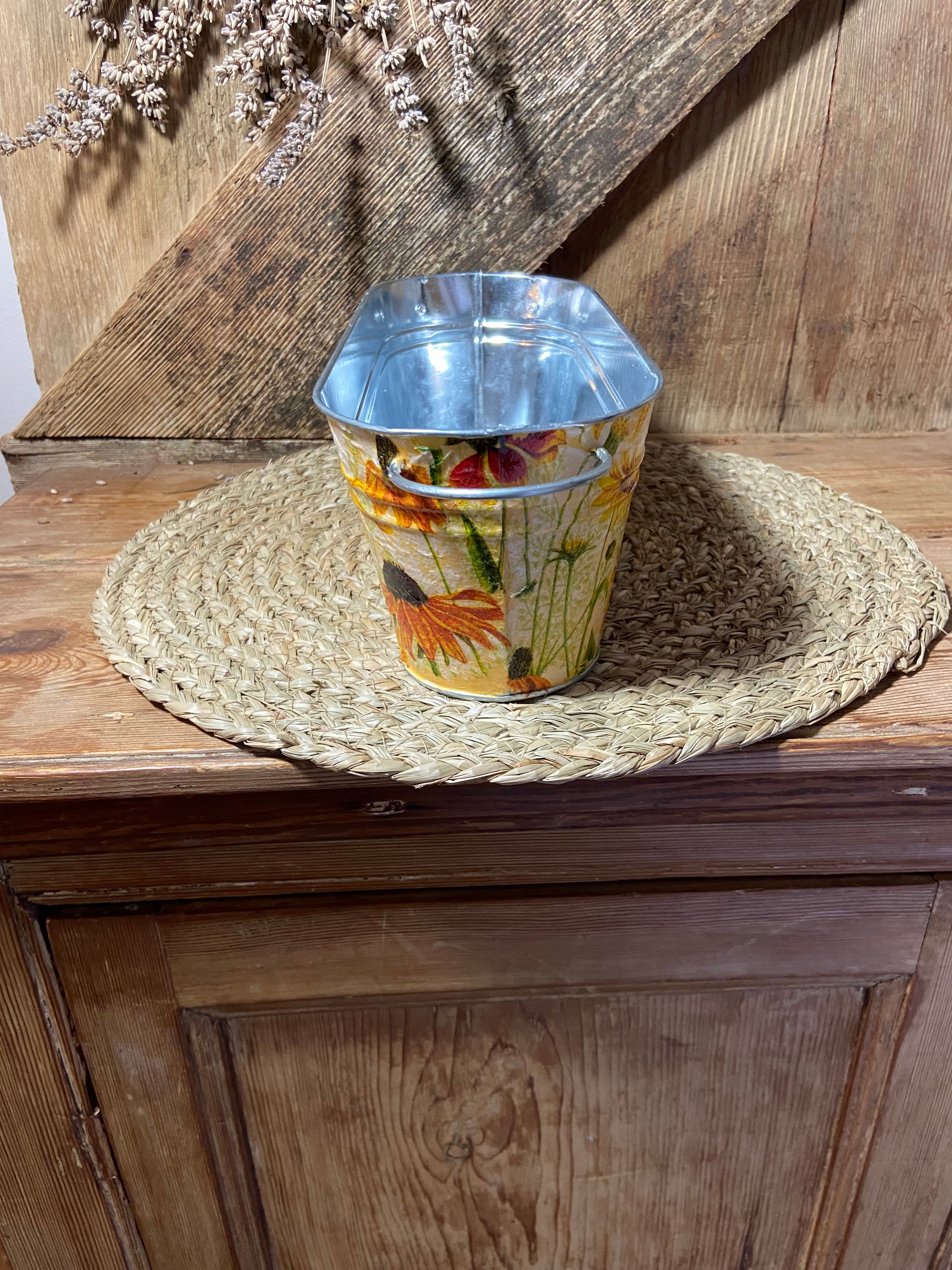 side shot metal planter rudbeckia yellow orange cottage core home decor vintage floral mothers day birthday