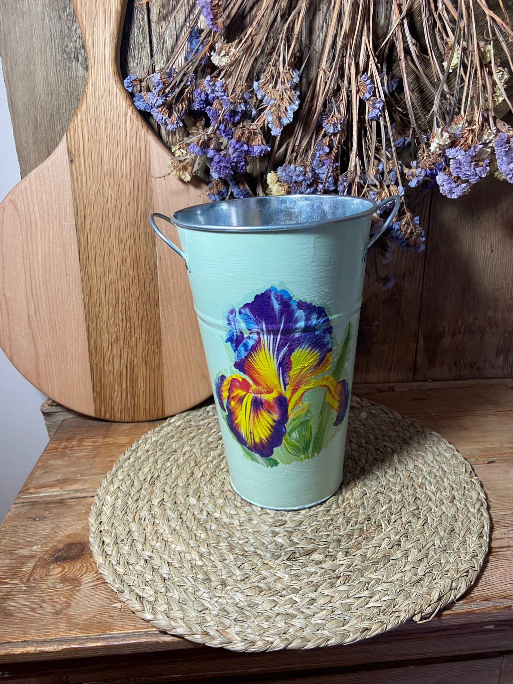 back shot tall metal pot green purple iris cottage core home decor vintage floral mothers day birthday