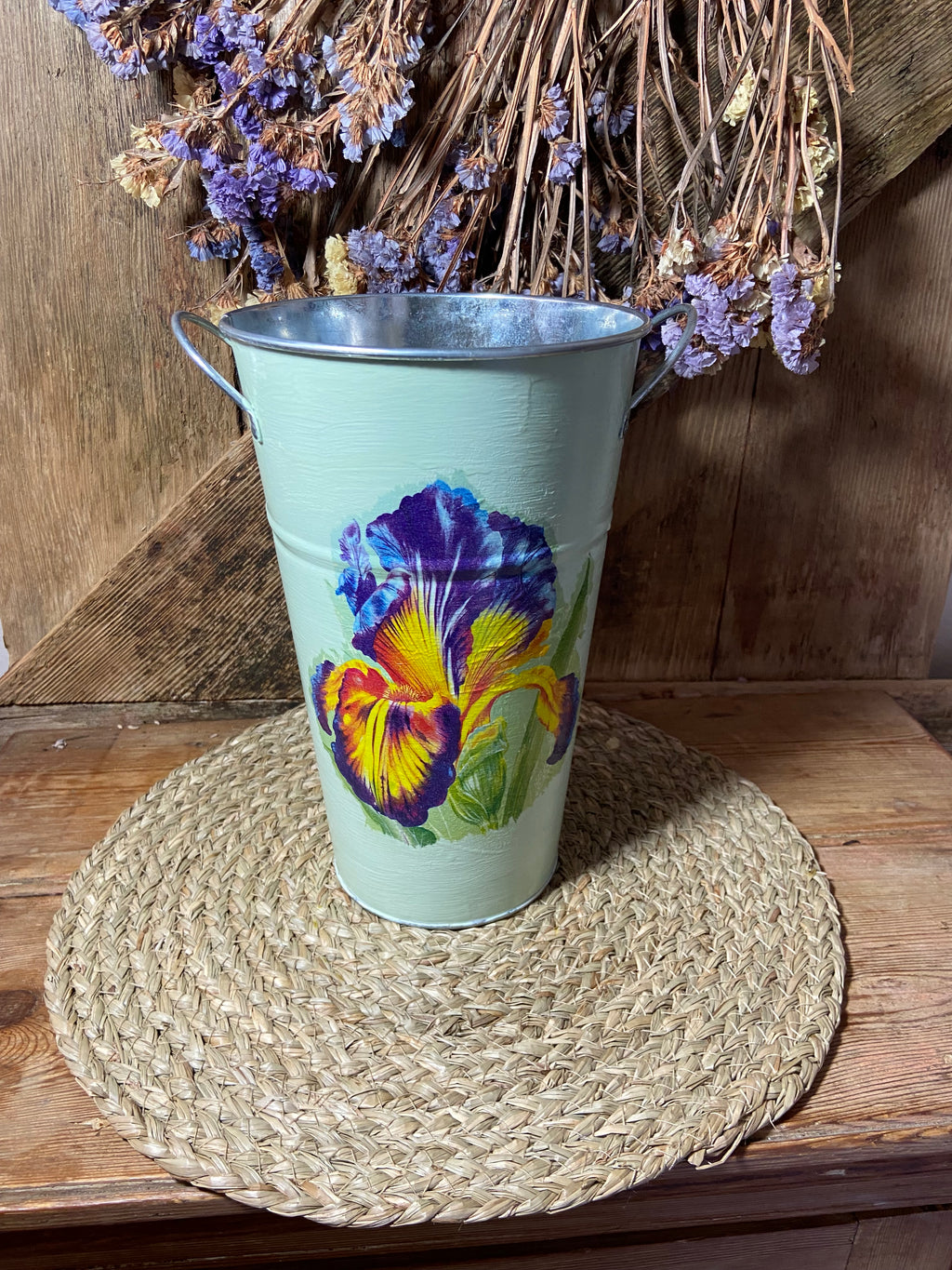 front shot iris tall metal pot green purple cottage core home decor vintage floral mothers day birthday