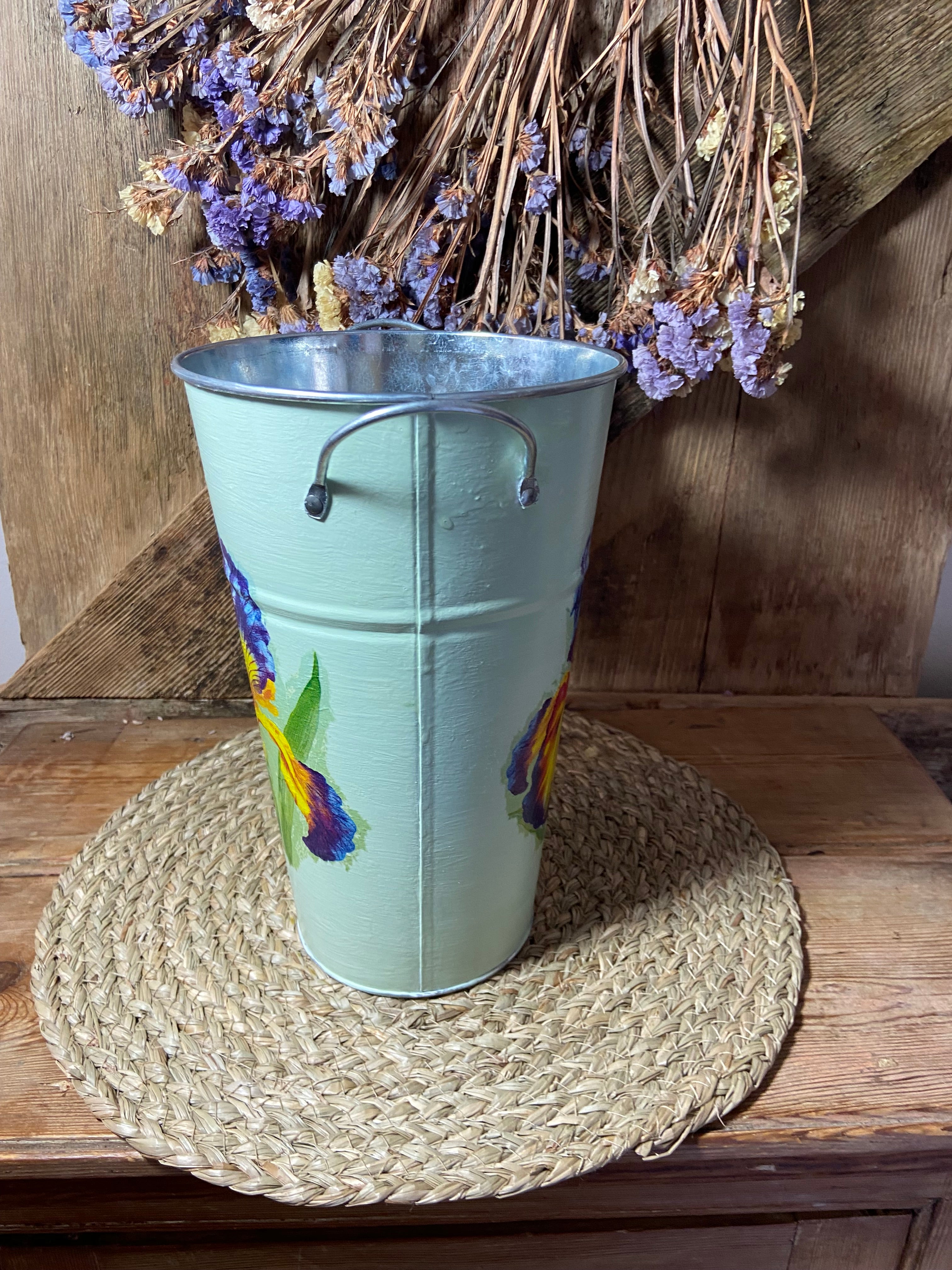 side shot iris tall metal pot green purple cottage core home decor vintage floral mothers day birthday