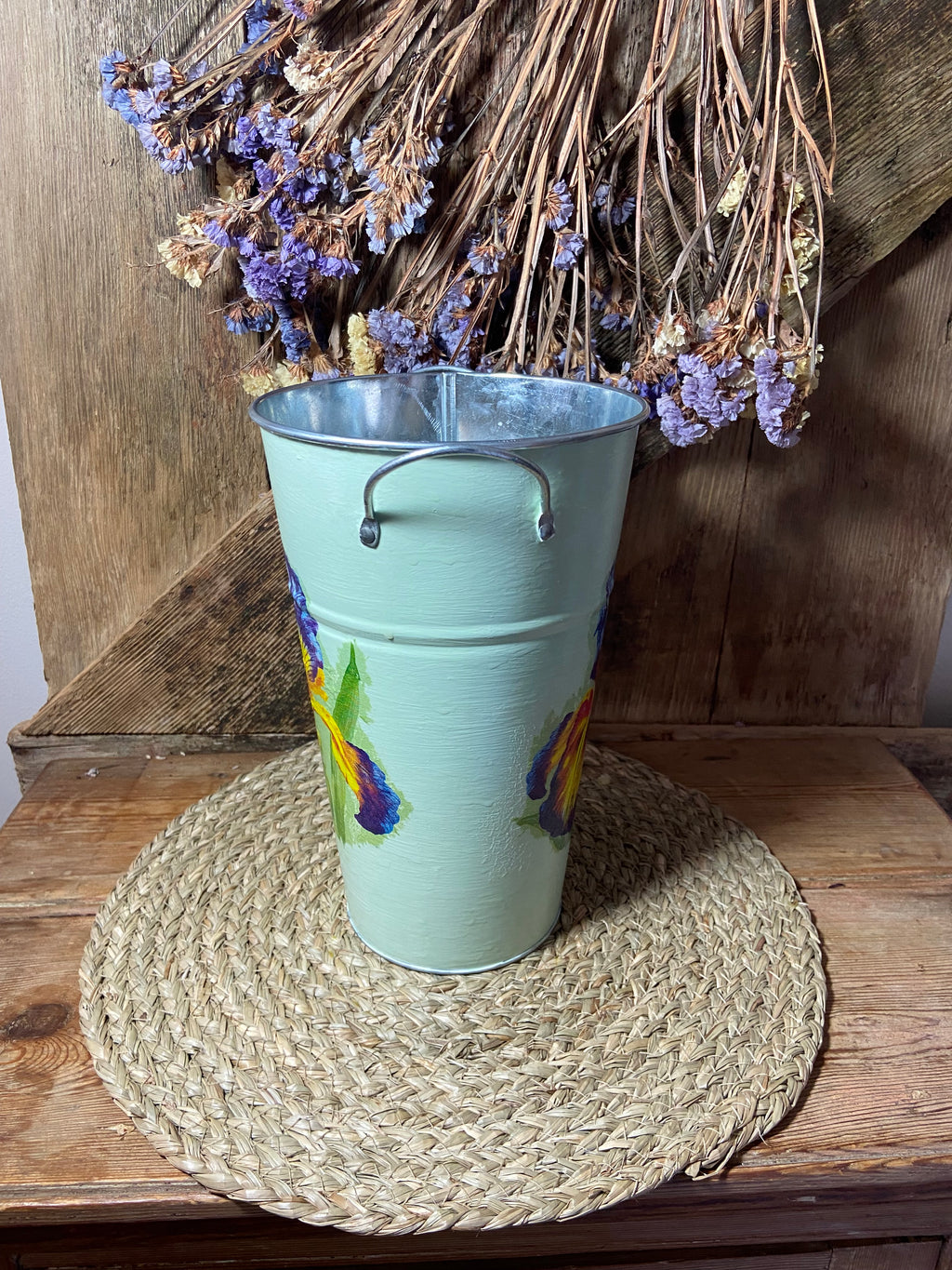 tall metal pot iris green side shot cottage core home decor vintage floral mothers day birthday