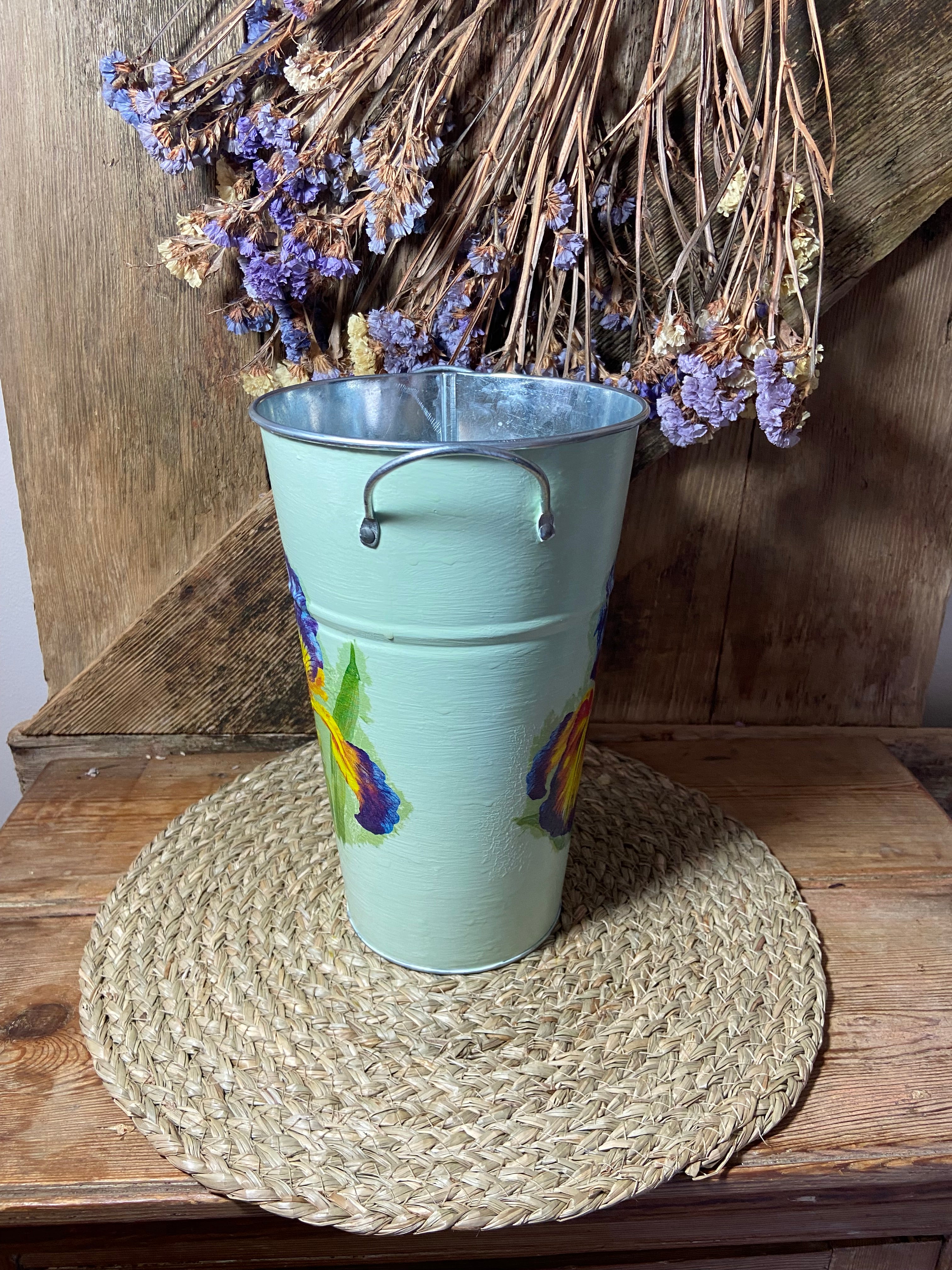 tall metal pot iris green side shot cottage core home decor vintage floral mothers day birthday