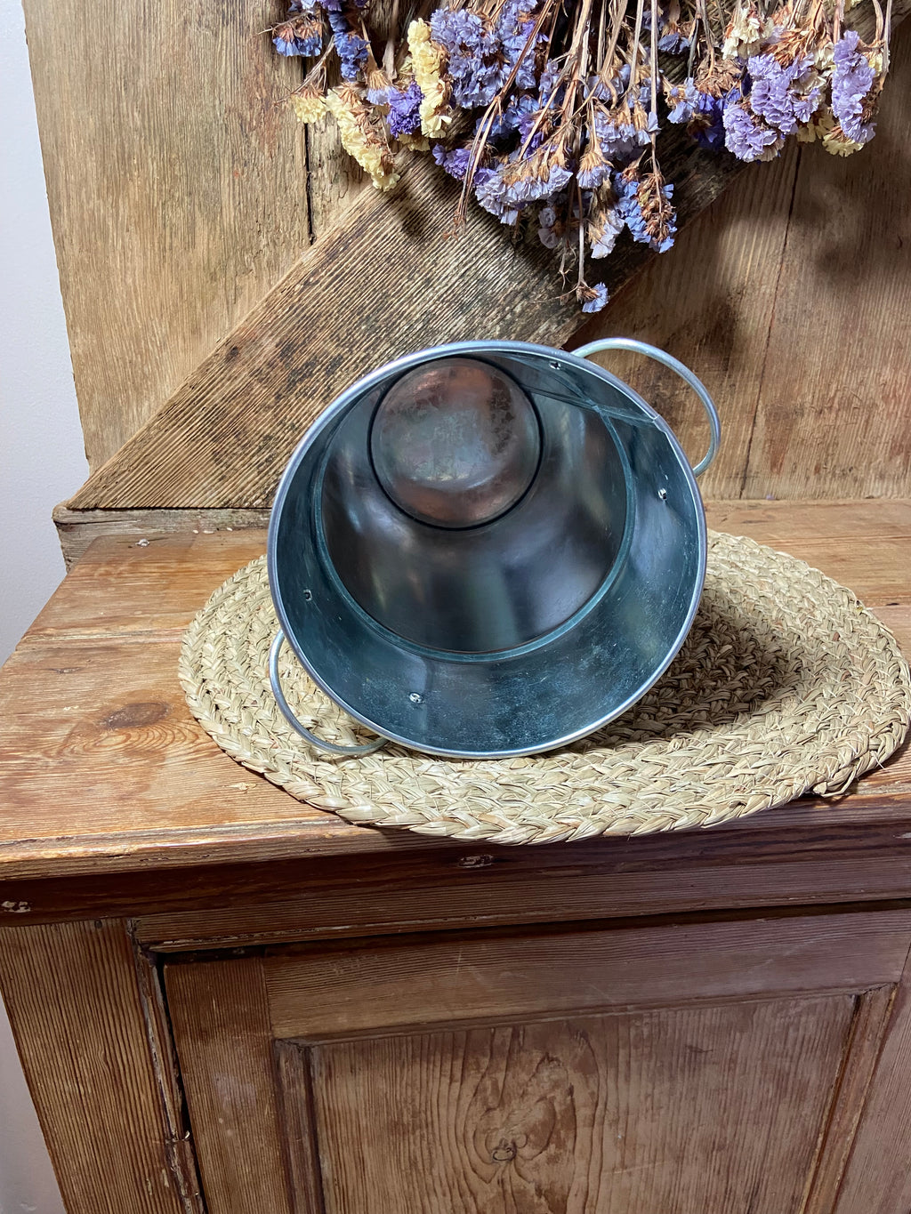 inside iris pot metal planter green purple cottage core home decor vintage floral mothers day birthday