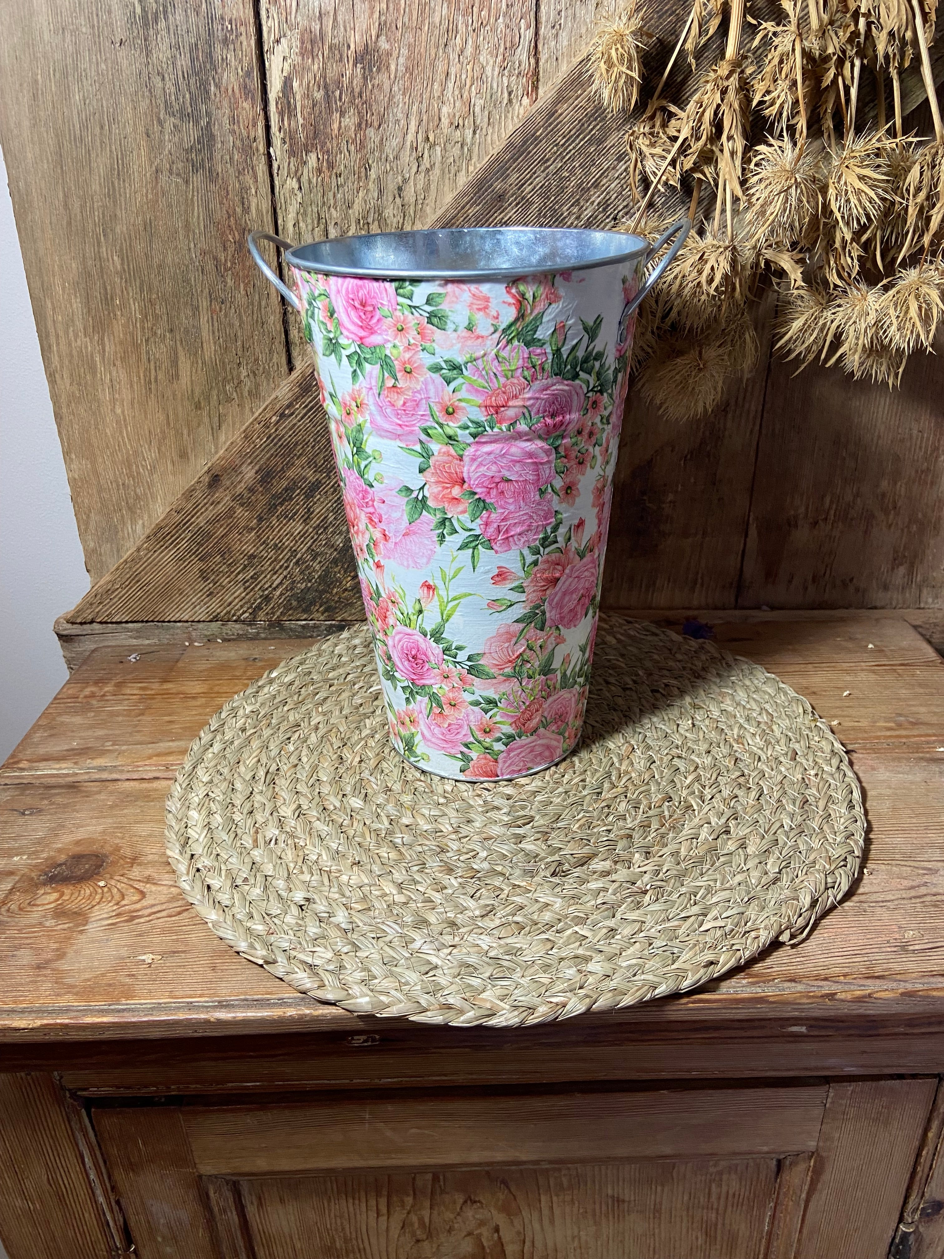 front shot tall metal pot rose pink green white cottage core home decor vintage floral mothers day birthday