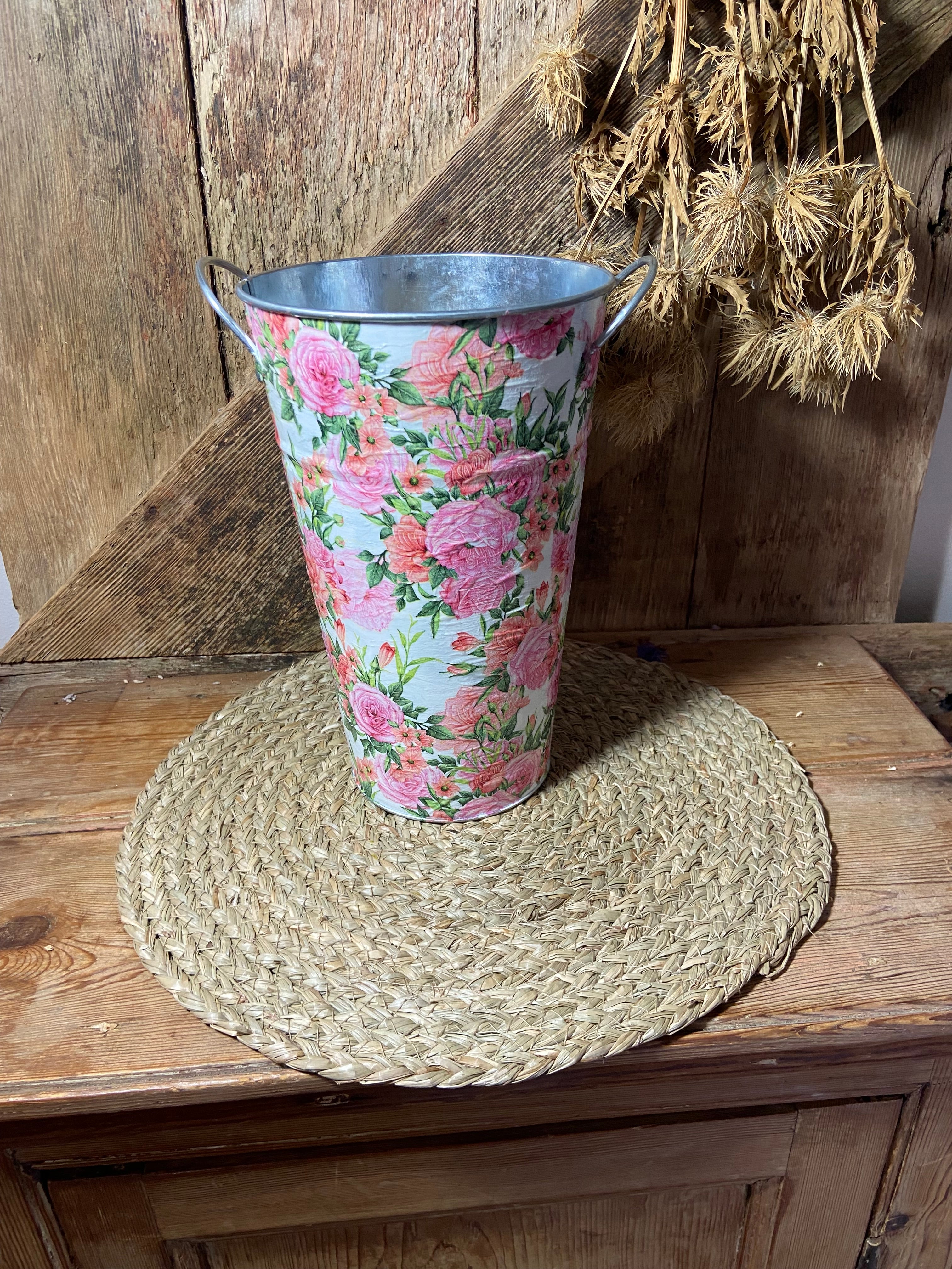 front shot tall rose metal planter white pink green cottage core home decor vintage floral mothers day birthday