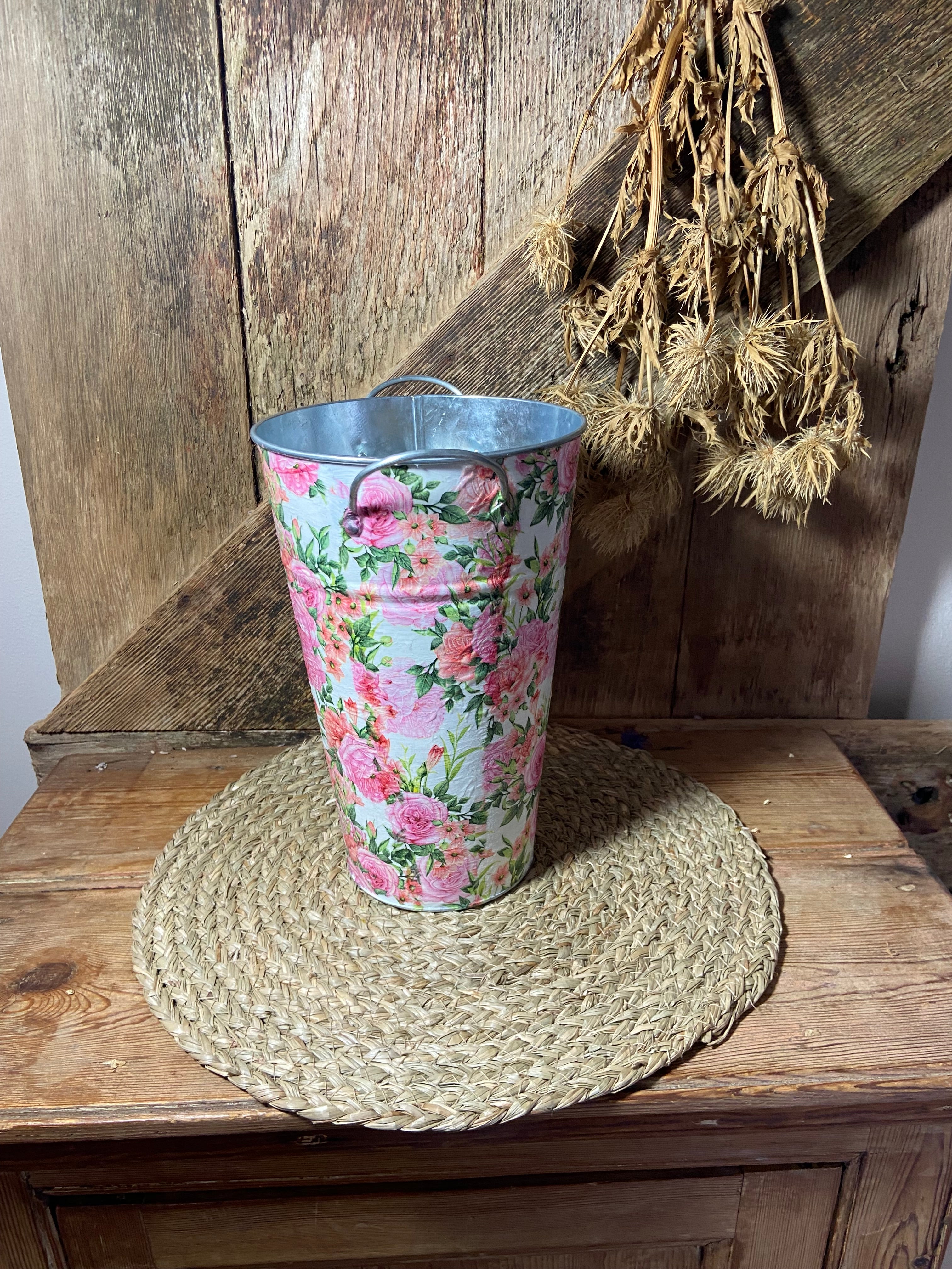 rose planter pink green white side shot metal cottage core home decor vintage floral mothers day birthday