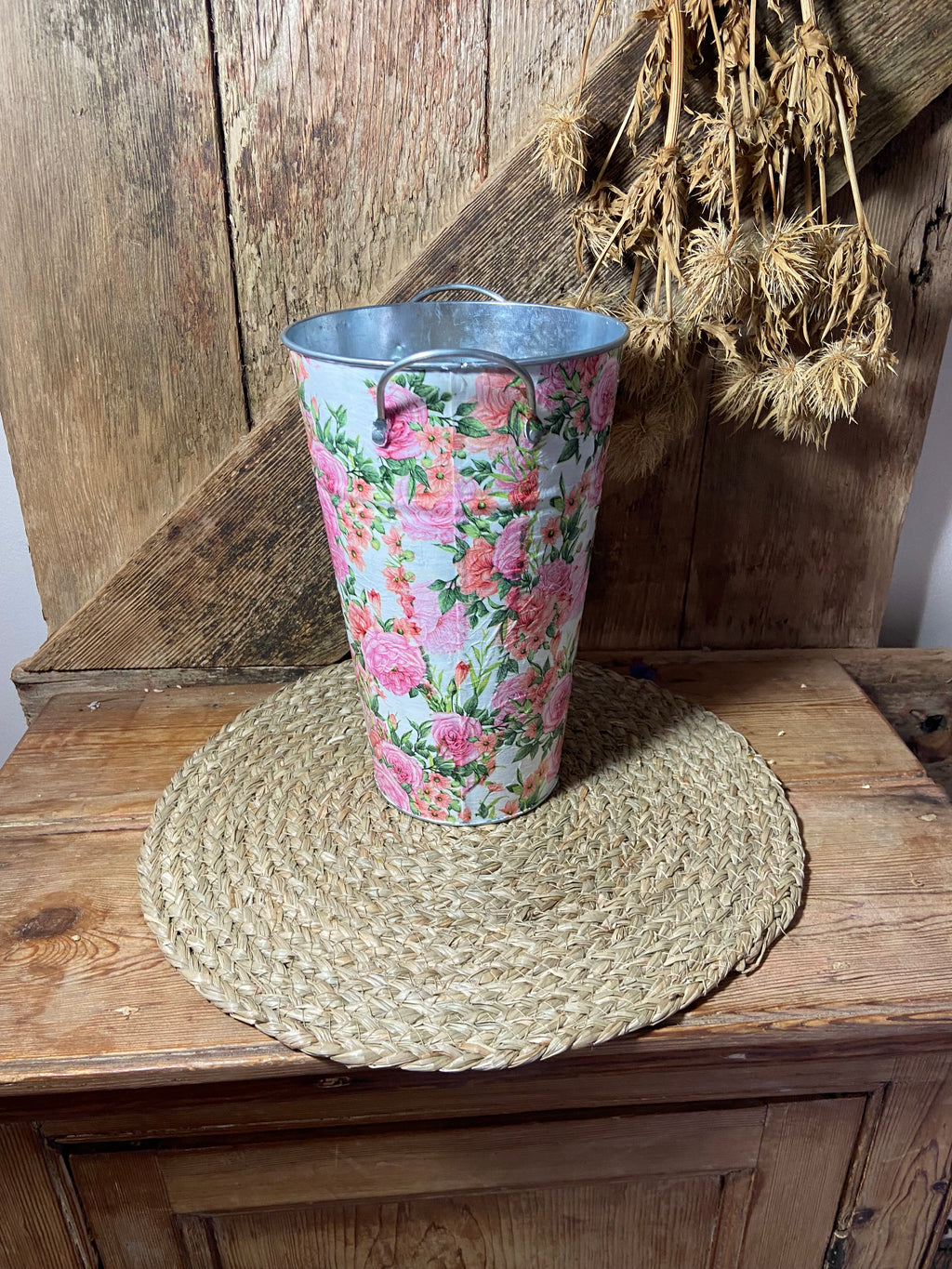 side shot tall white planter rose green pink white cottage core home decor vintage floral mothers day birthday