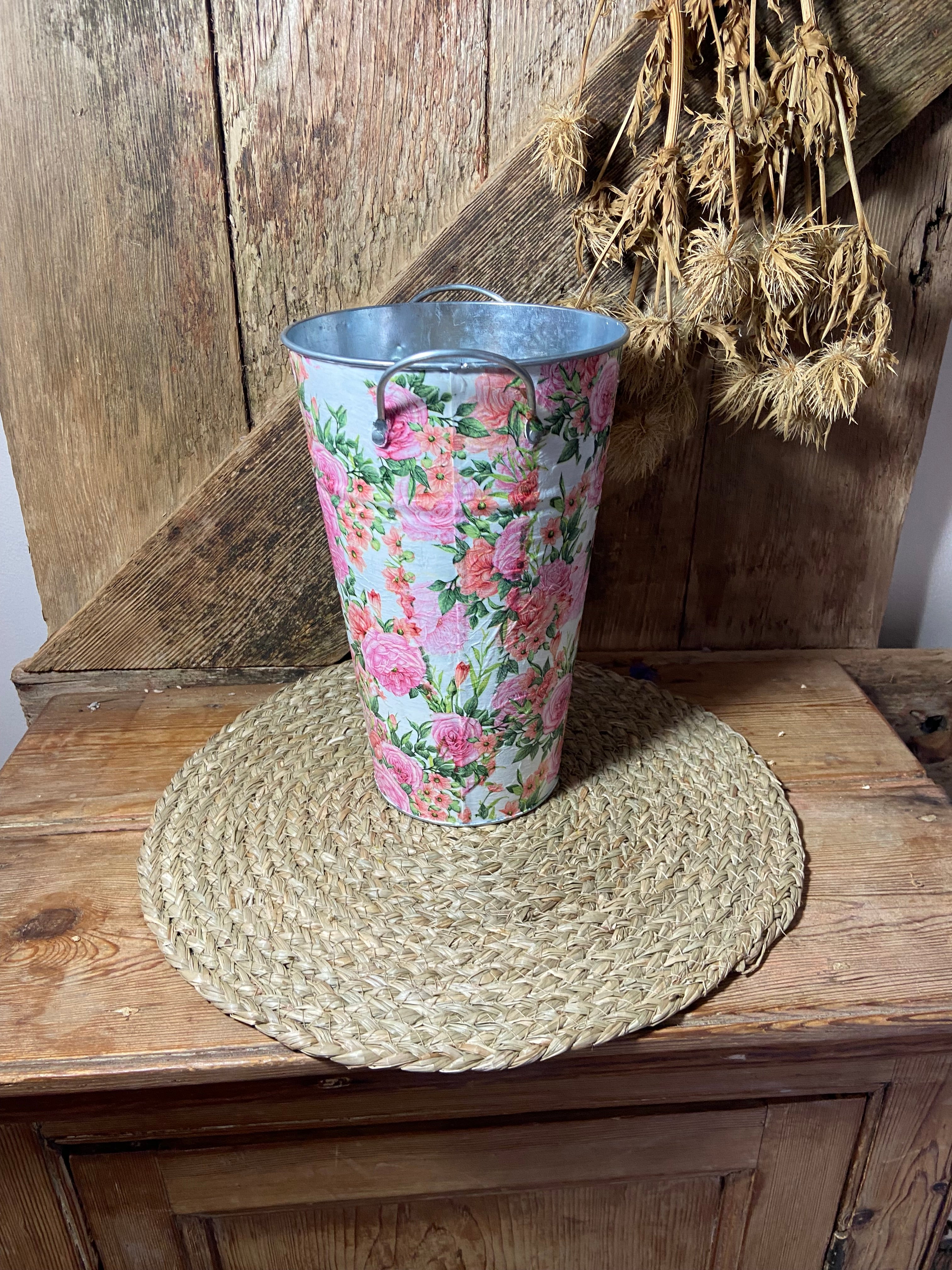side shot tall white planter rose green pink white cottage core home decor vintage floral mothers day birthday