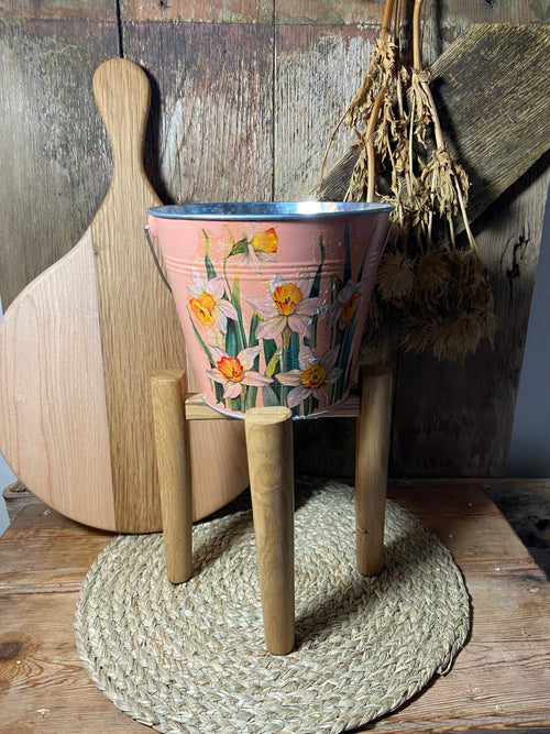 daffodil orange metal bucket white green orange  front shot cottage core  home decor vintage floral mothers day birthday