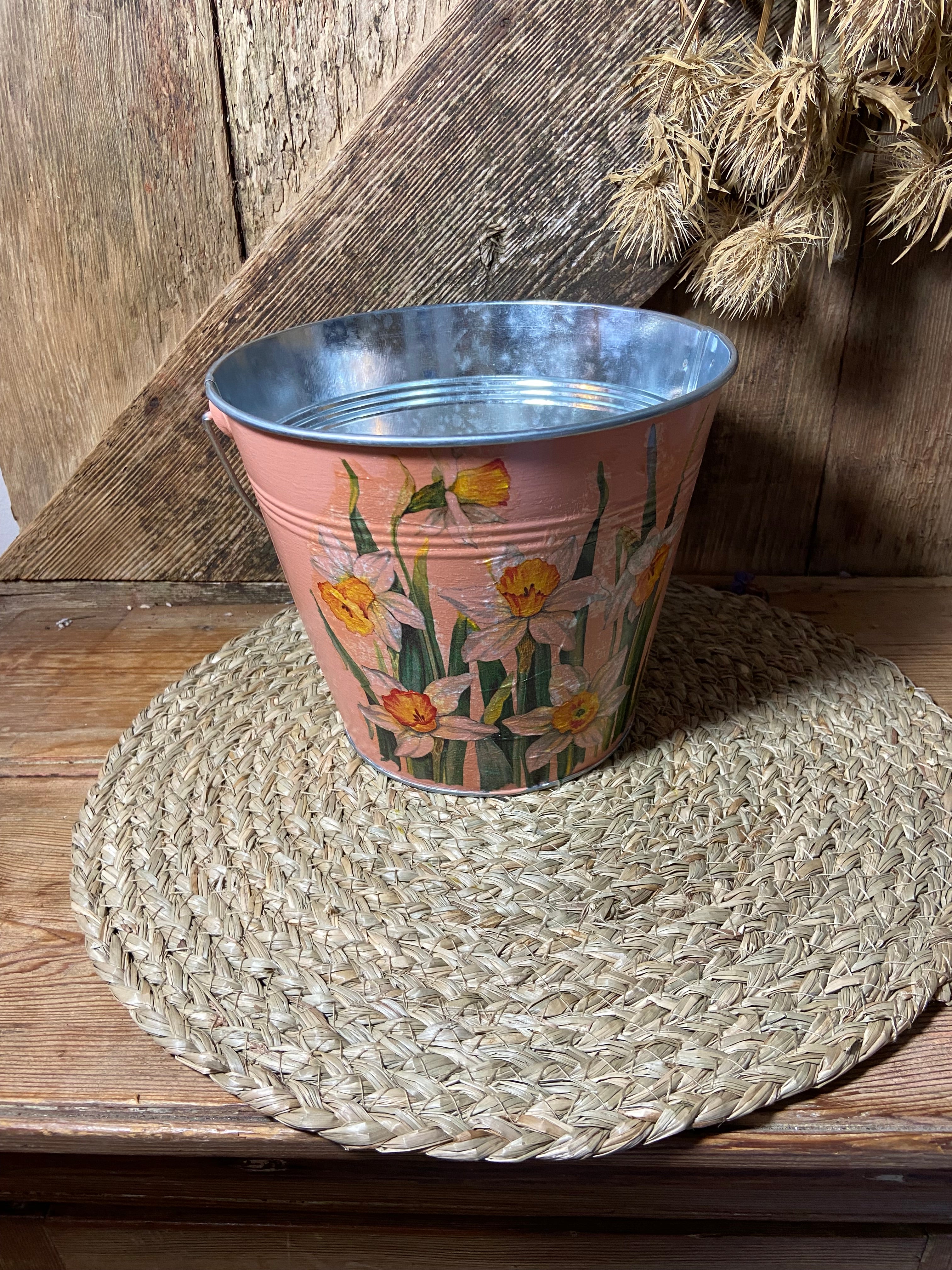front shot metal bucket orange daffodil orange white green cottage core home decor vintage floral mothers day birthday