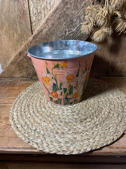 front shot metal bucket orange daffodil orange white green cottage core home decor vintage floral mothers day birthday