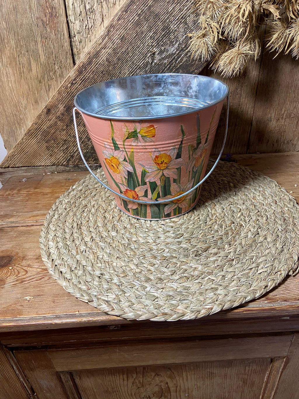 back shot metal bucket daffodil orange white green cottage core home decor vintage floral mothers day birthday