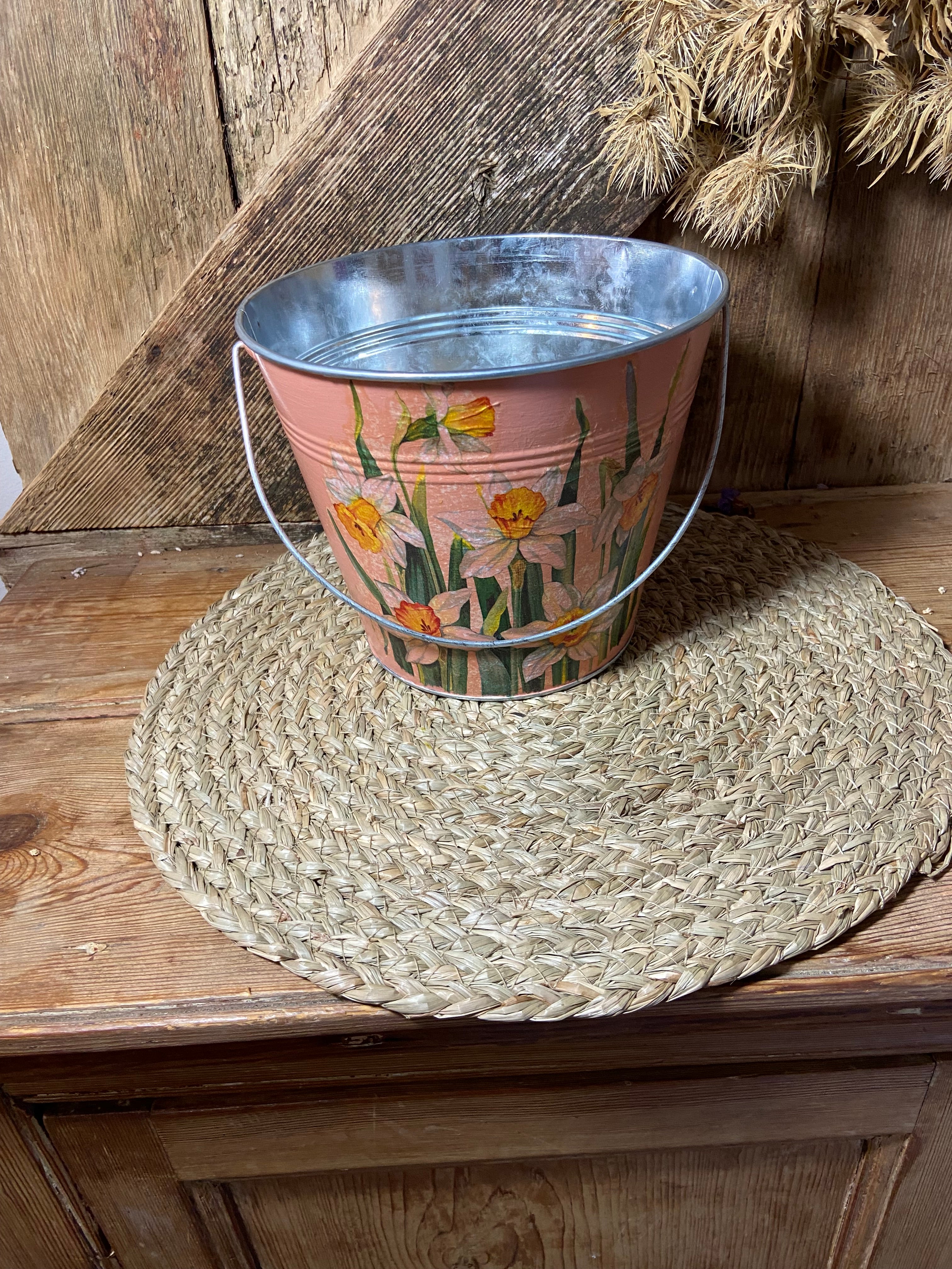 back shot metal bucket daffodil orange white green cottage core home decor vintage floral mothers day birthday