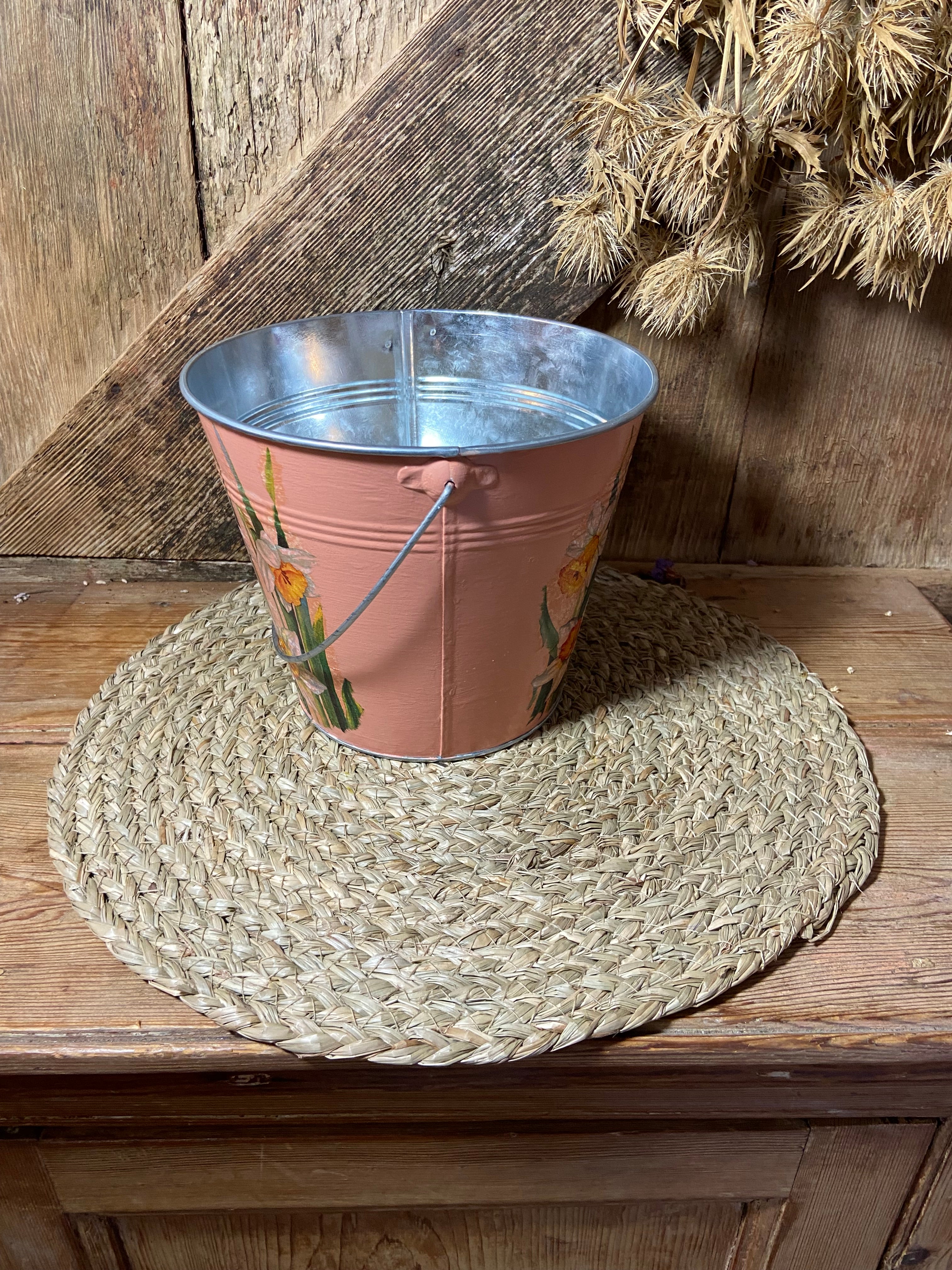 side shot metal bucket daffodil orange green white cottage core home decor vintage floral mothers day birthday