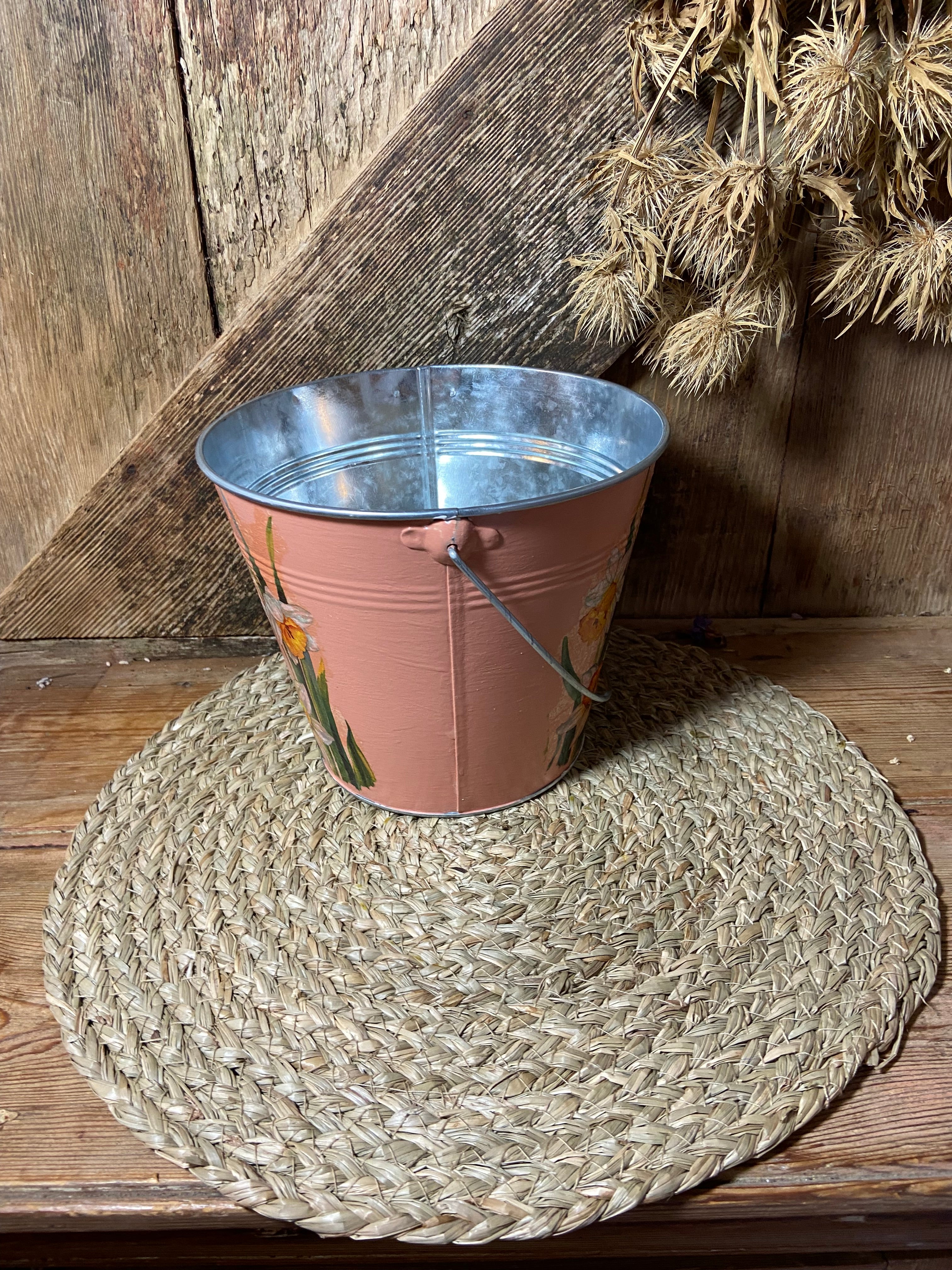 side shot daffodil bucket metal orange green white cottage core home decor vintage floral mothers day birthday