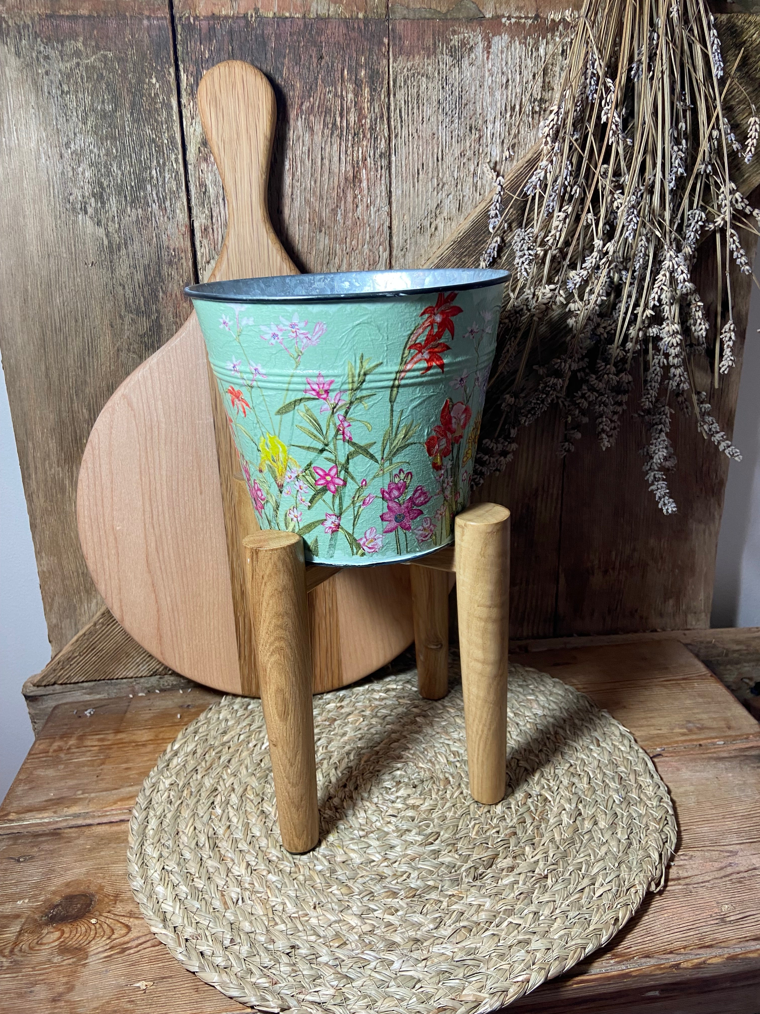 front shot green pink metal planter cottage core home decor vintage floral mothers day birthday