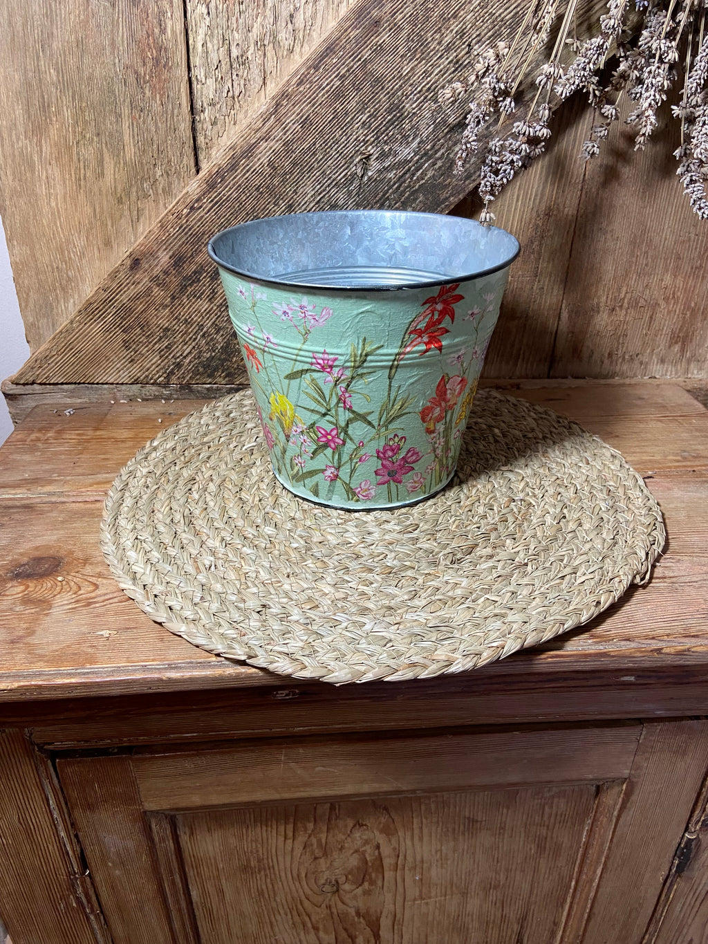 front shot summer flowers metal pot green pink cottage core vintage floral home decor mothers day birthday