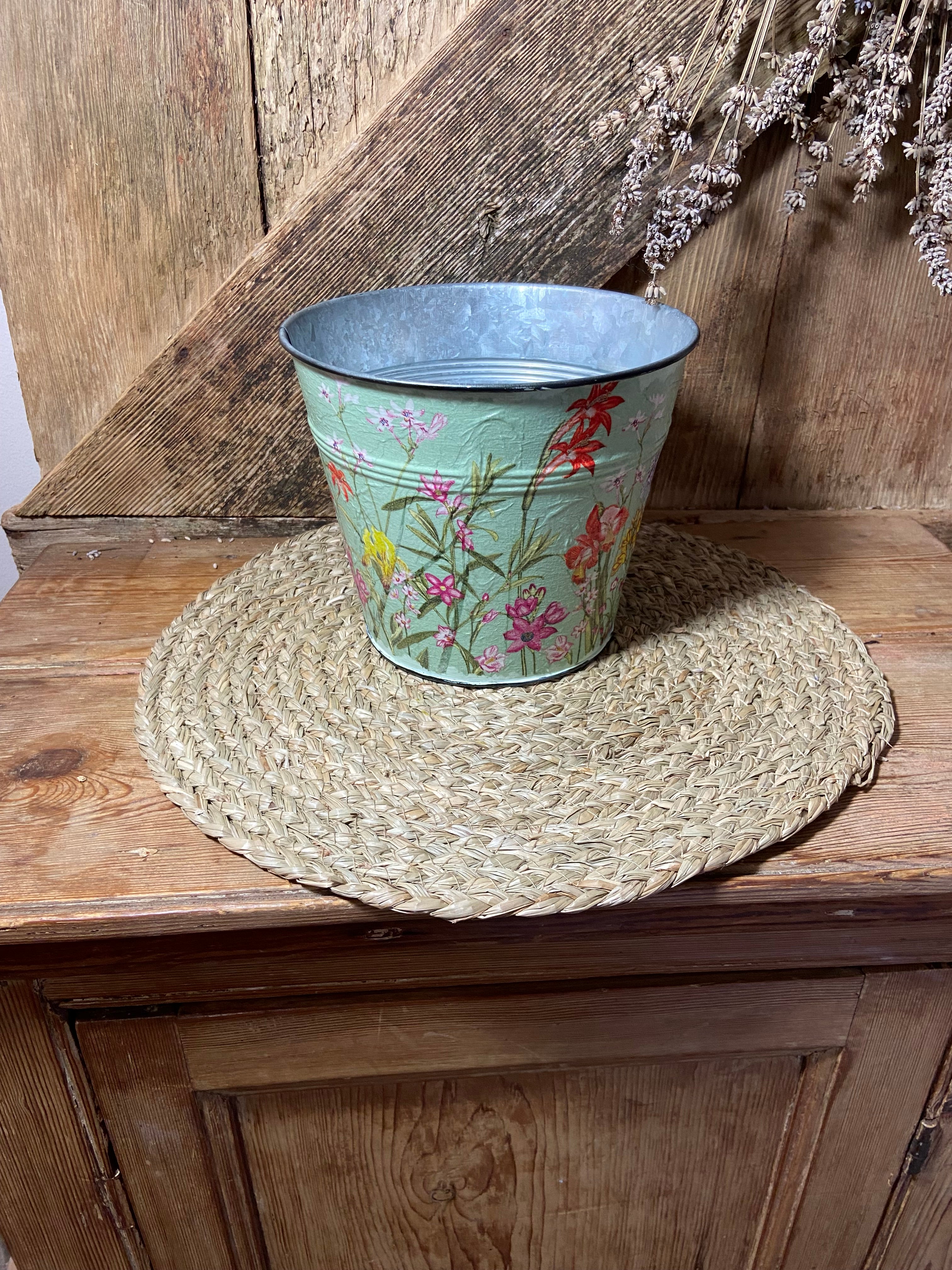 front shot summer flowers metal pot green pink cottage core vintage floral home decor mothers day birthday