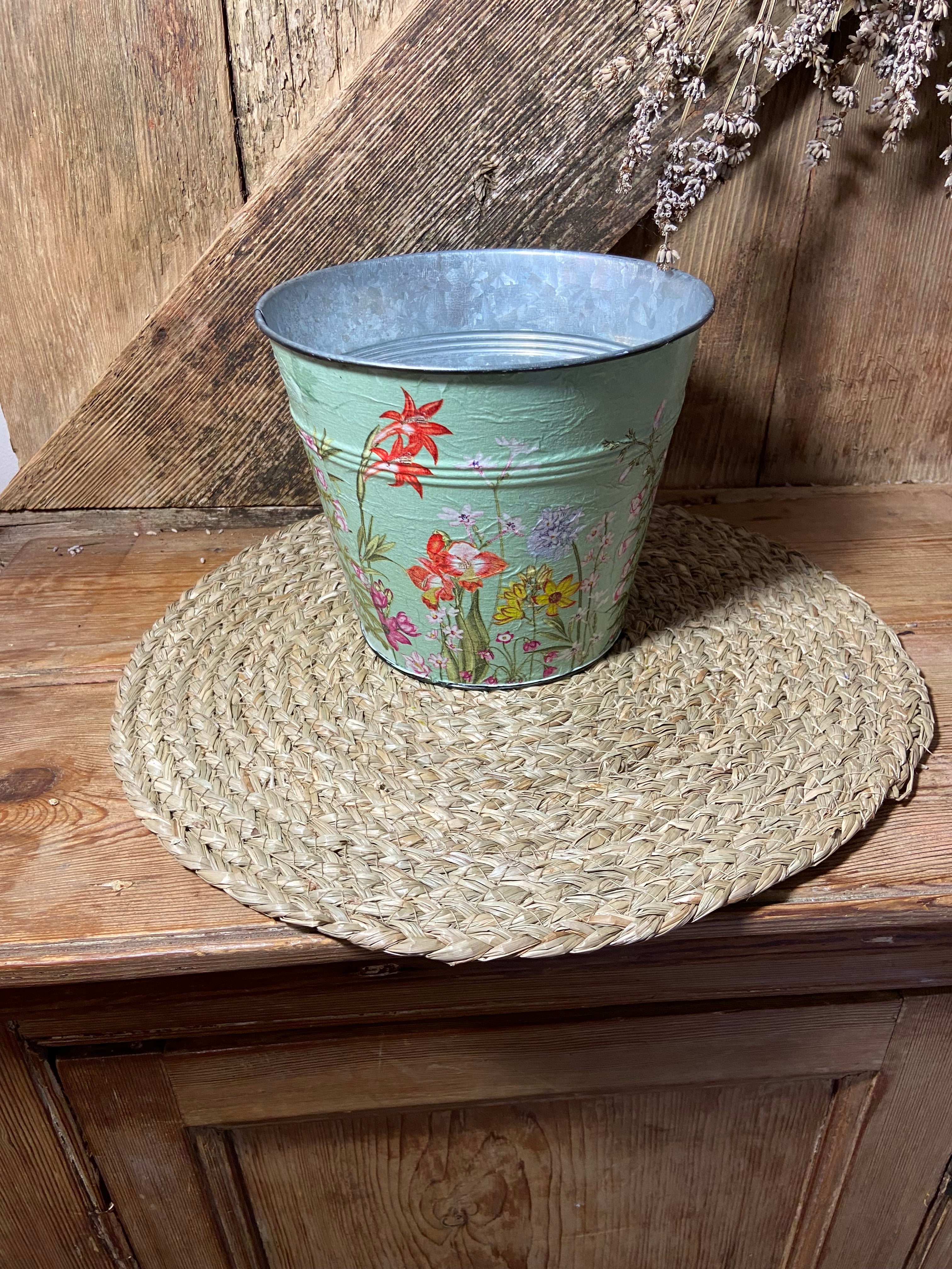 summer flower back shot metal planter  green pink cottage core home decor vintage floral mothers day birthday