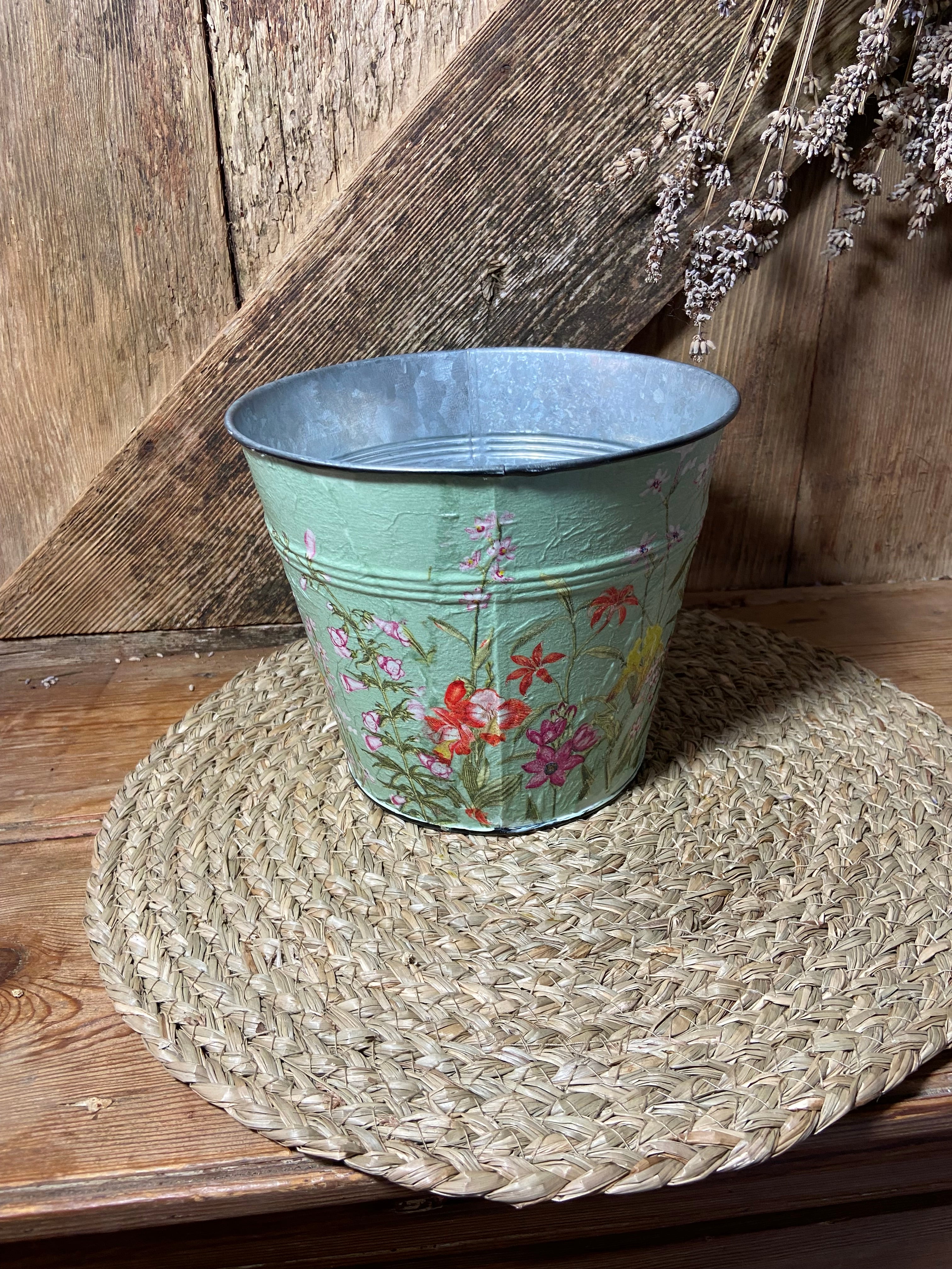 side shot metal planter green pink summer flowers cottage core home decor vintage floral mothers day birthday