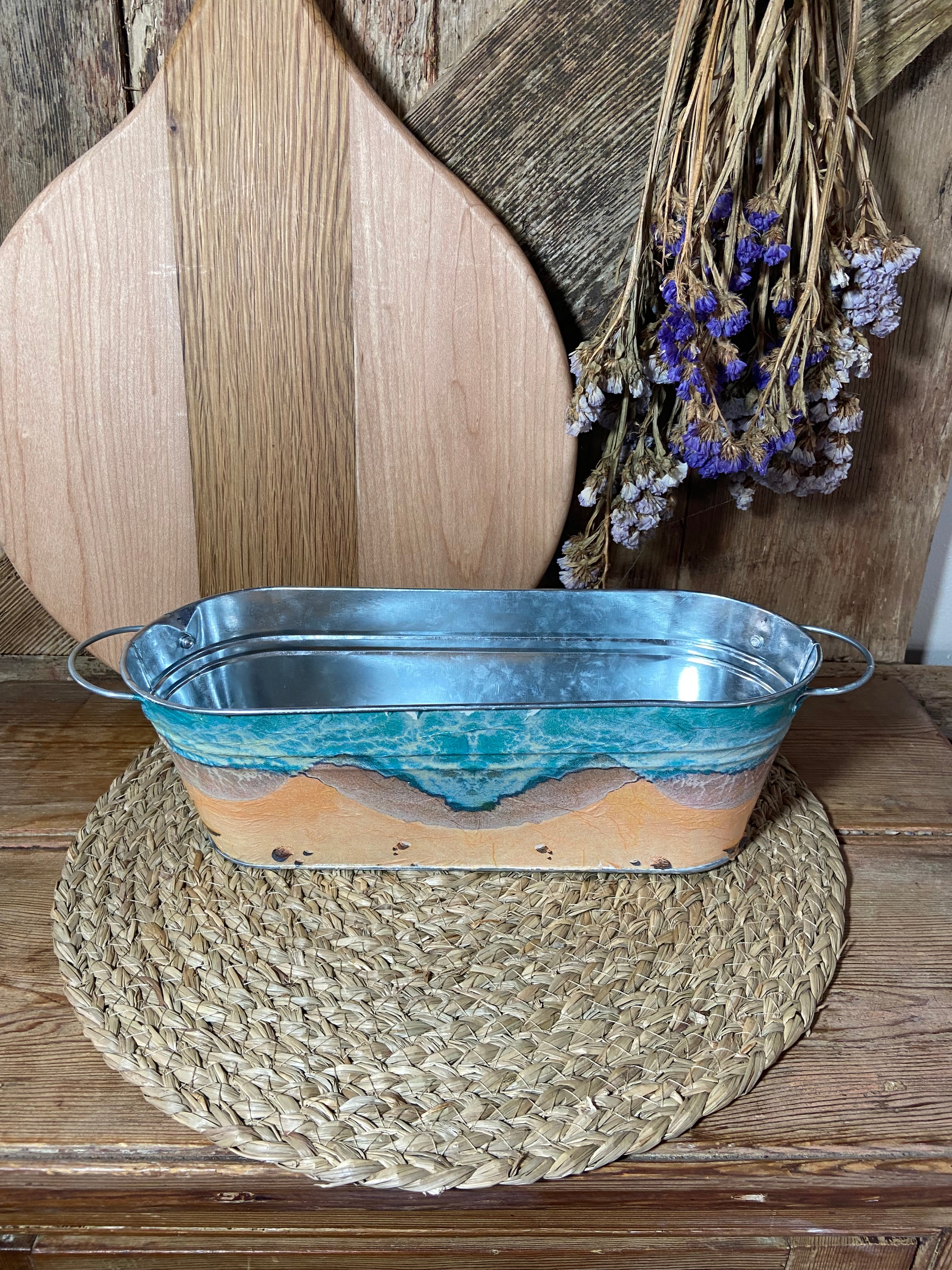 seascape front shot metal planter blue yellow cottage core home decor vintage floral mothers day birthday