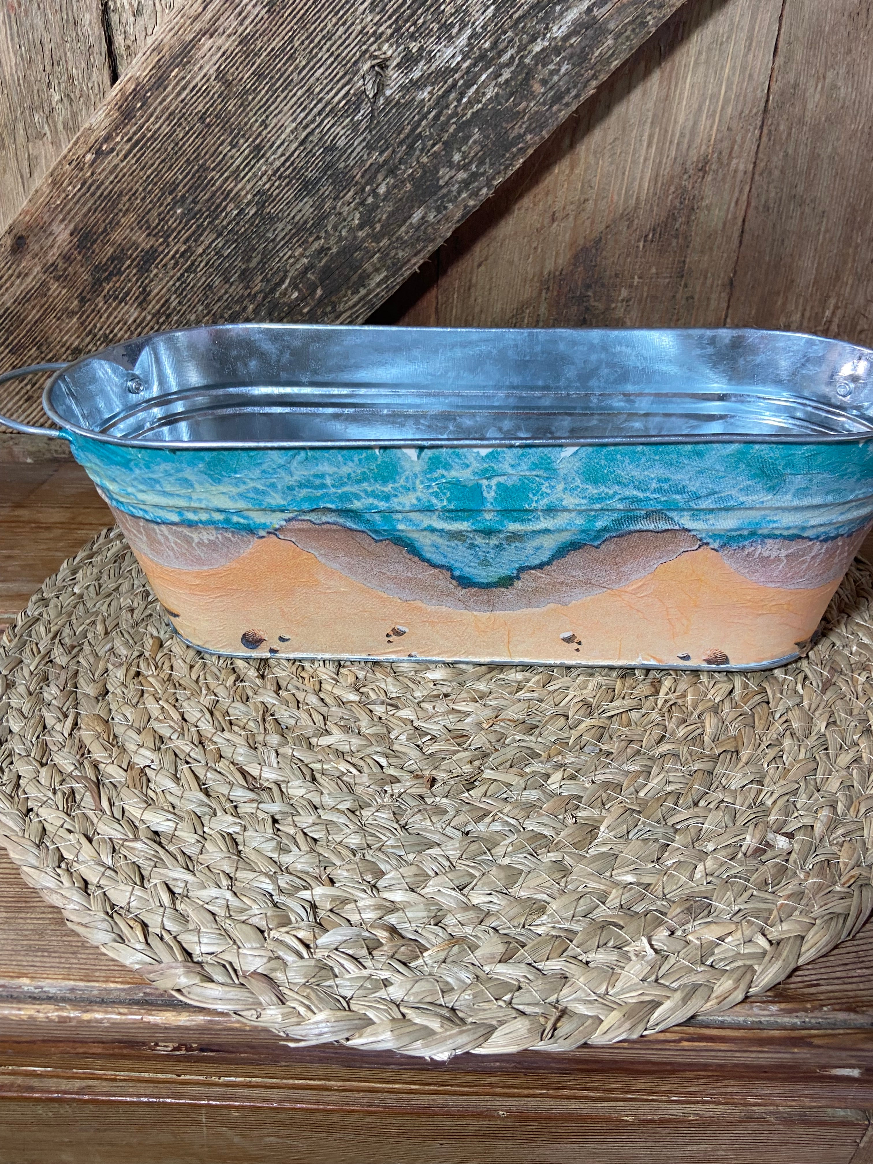 back shot seascape metal planter blue yellow cottage core home decor vintage floral mothers day birthday
