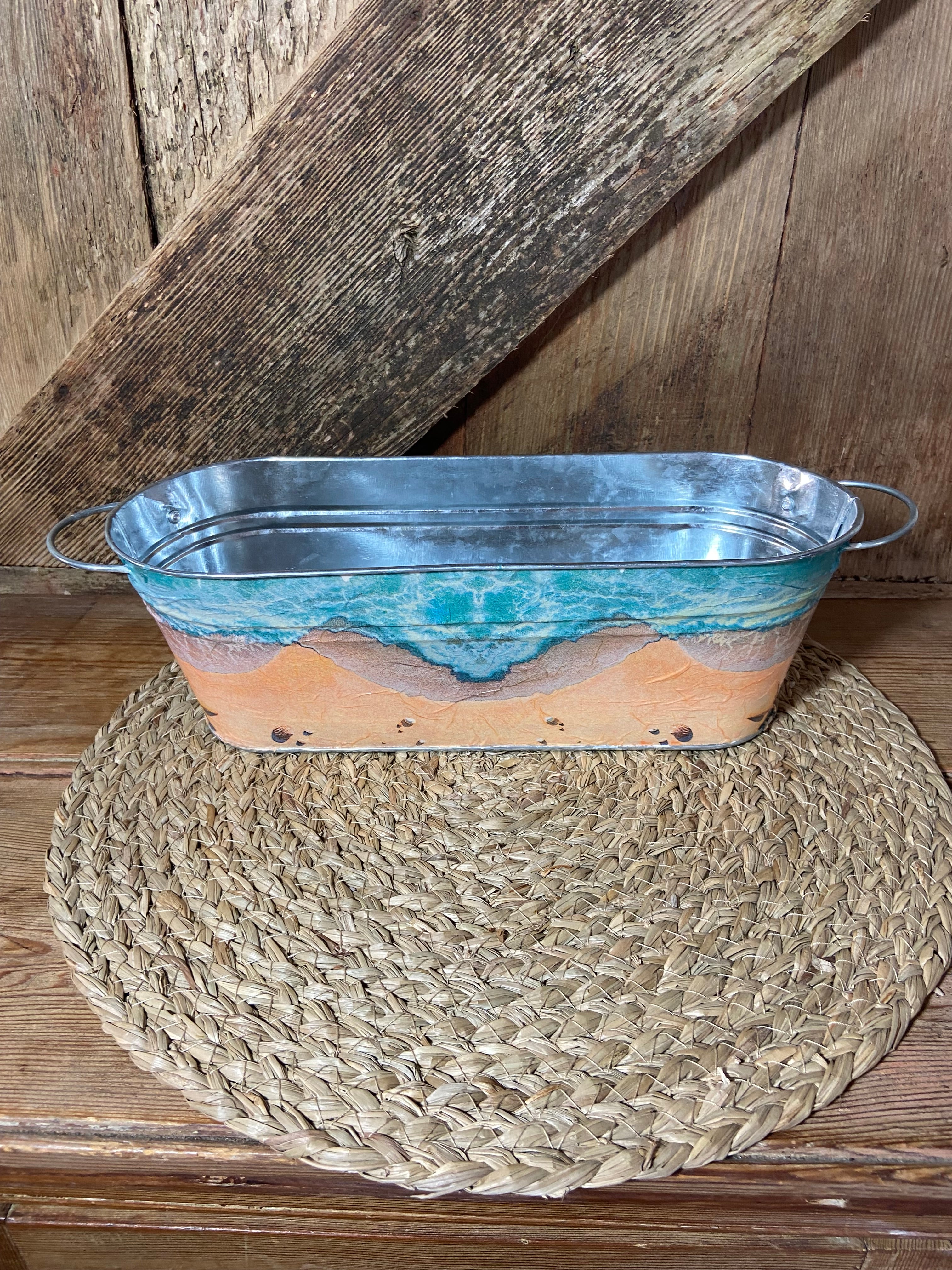 seascape blue yellow metal planter cottage core home decor vintage floral mothers day birthday front shot