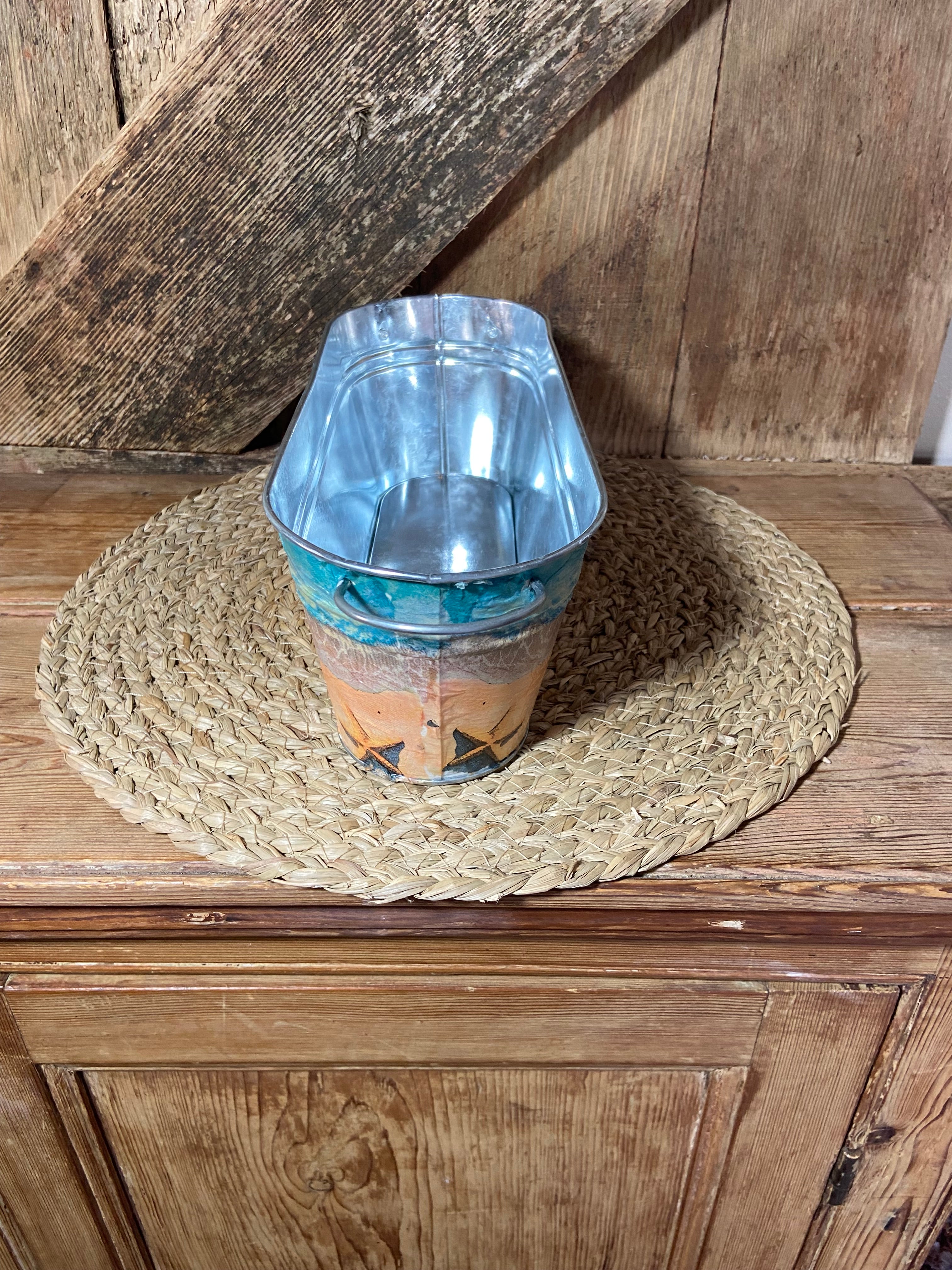 side shot seascape blue yellow metal planter cottage core home decor vintage floral mothers day birthday