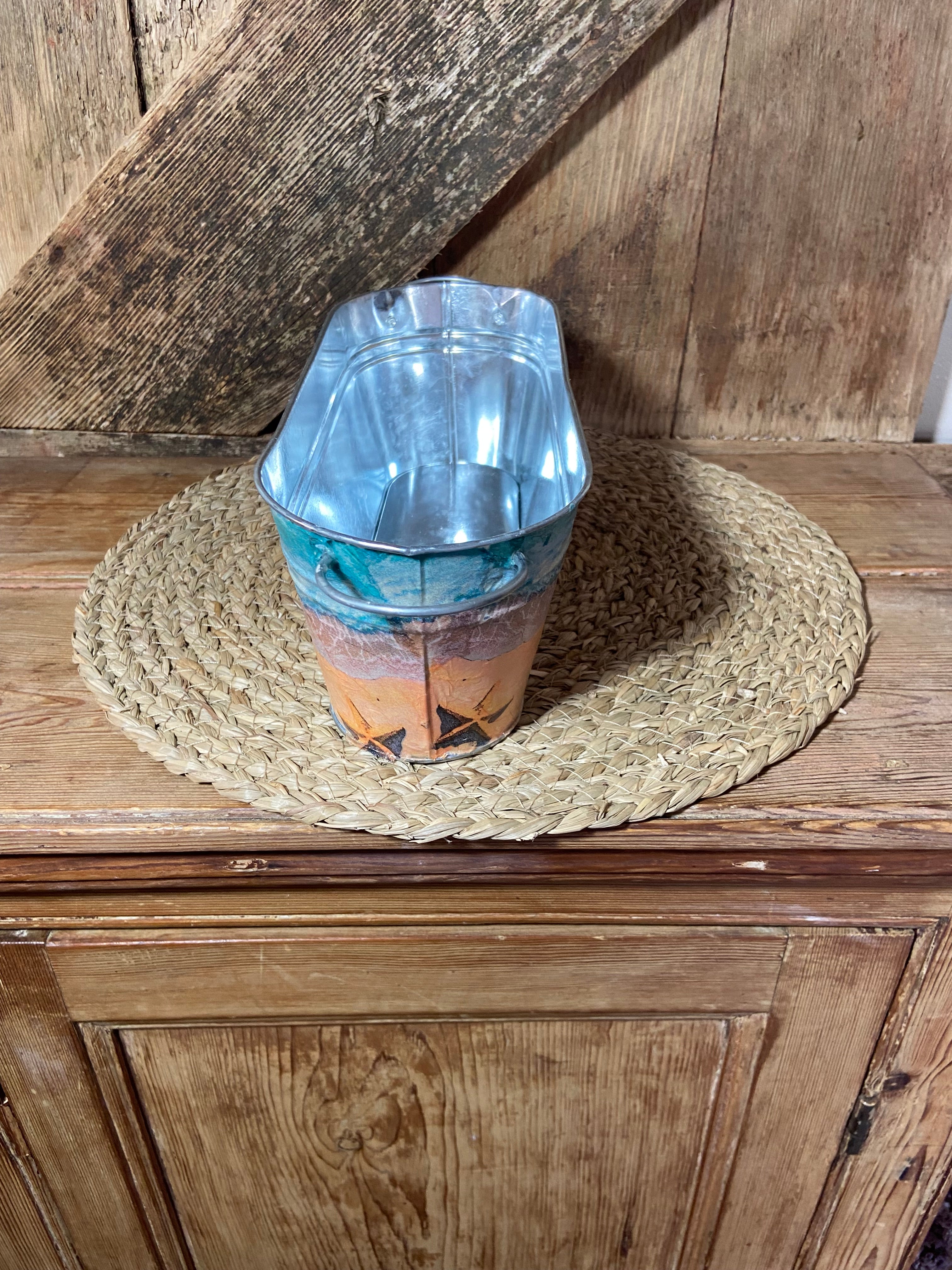 metal planter seascape side shot blue yellow cottage core home decor vintage floral mothers day birthday