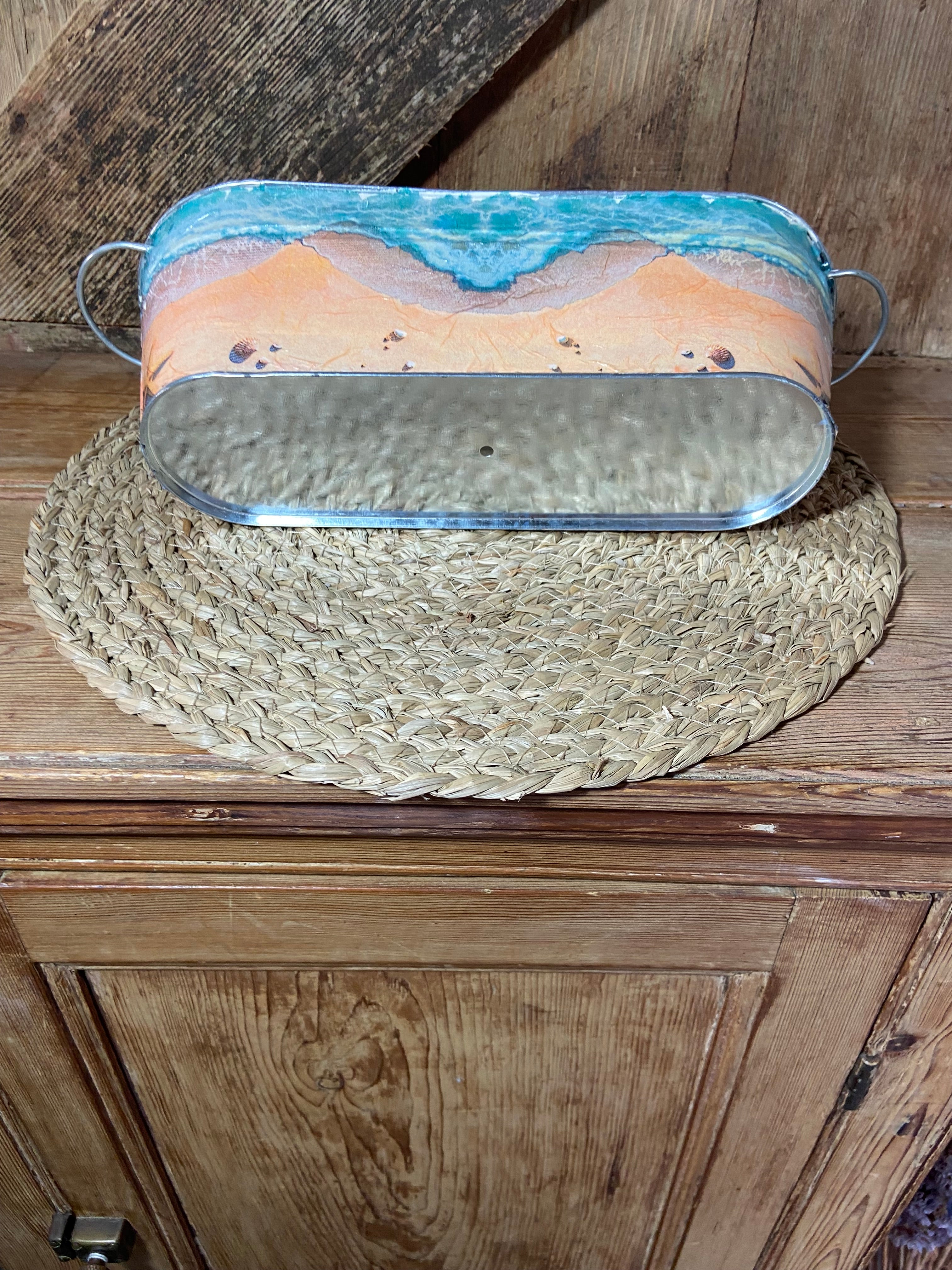 bottom shot seascape blue yellow metal planter cottage core home decor vintage floral mothers day birthday