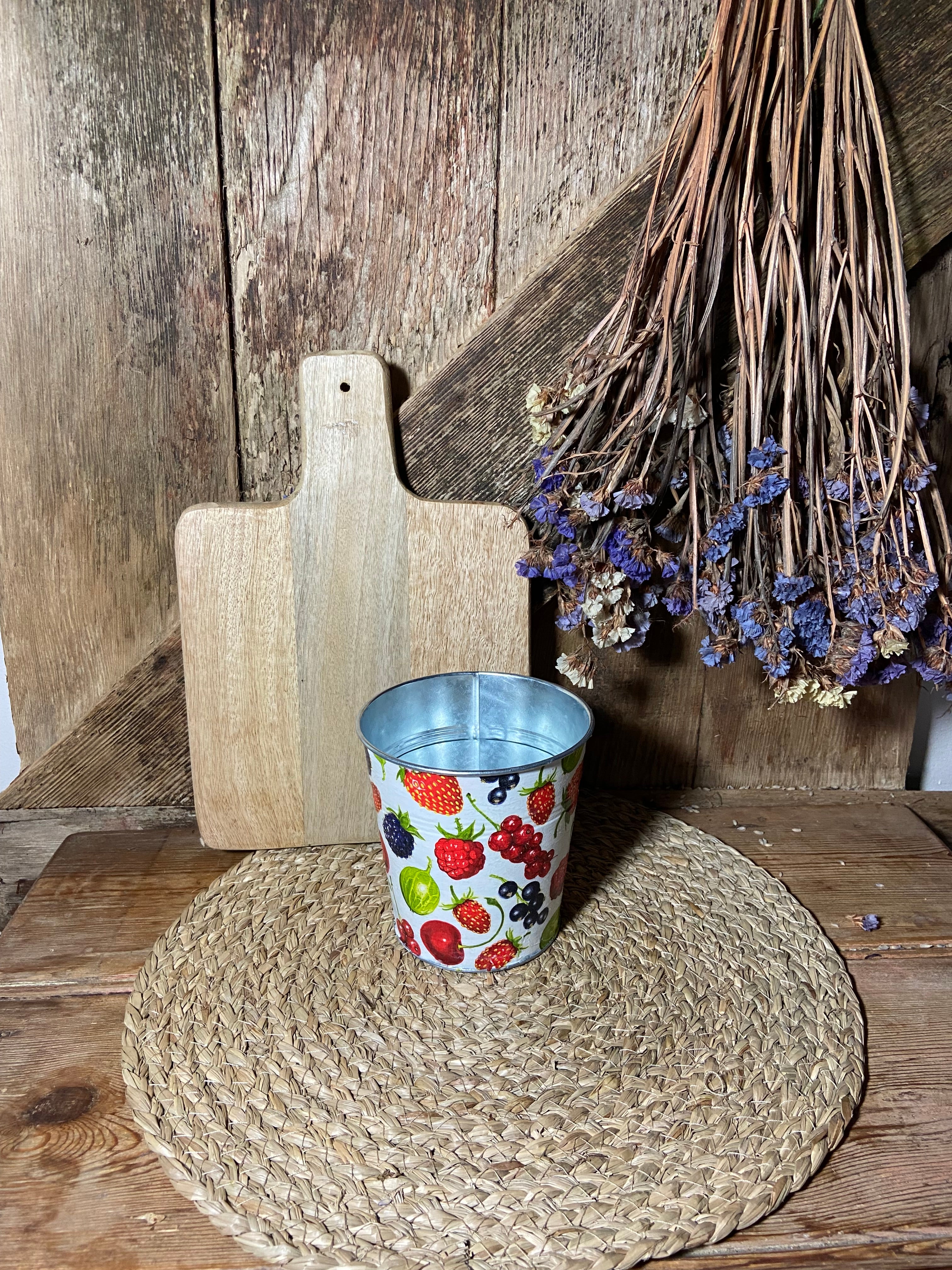 front shot metal pot summer fruit white red strawberry cherry cottage core  home decor vintage mothers day birthday