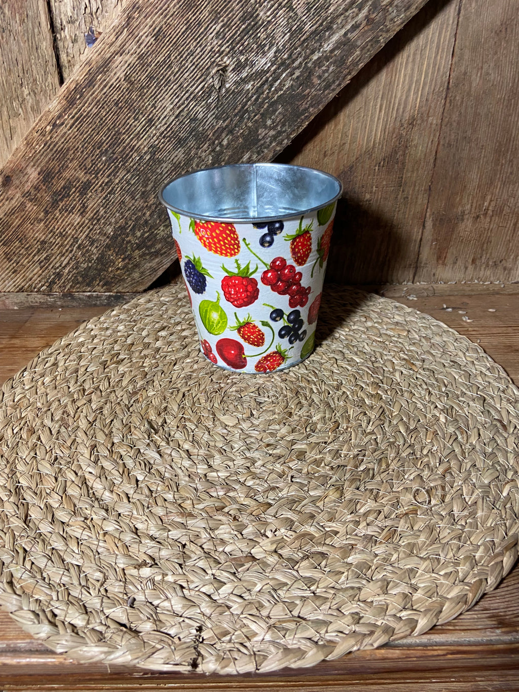 front shot summer fruits metal planter white red strawberry cherry cottage core home decor vintage mothers day birthday
