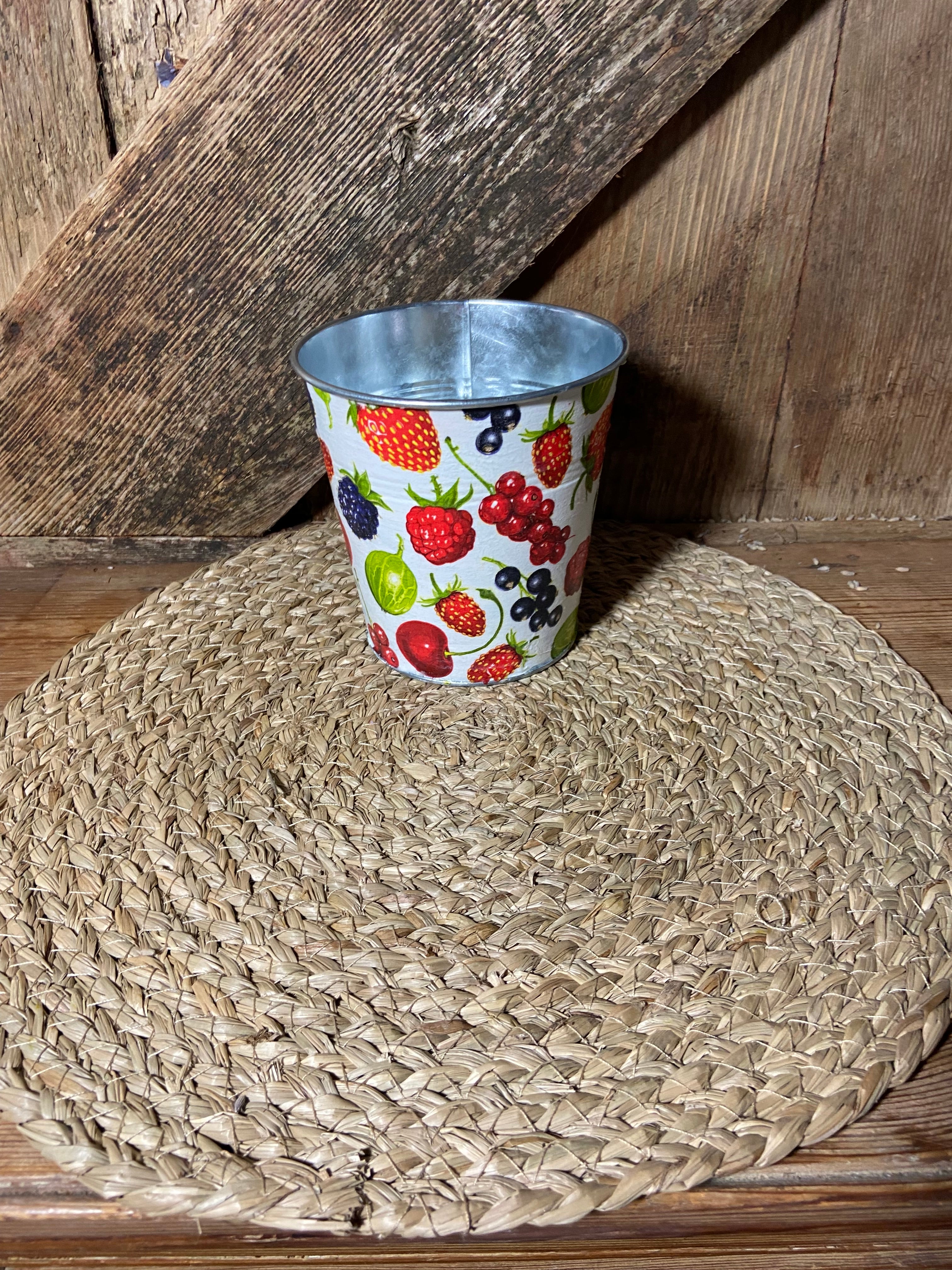 front shot summer fruits metal planter white red strawberry cherry cottage core home decor vintage mothers day birthday