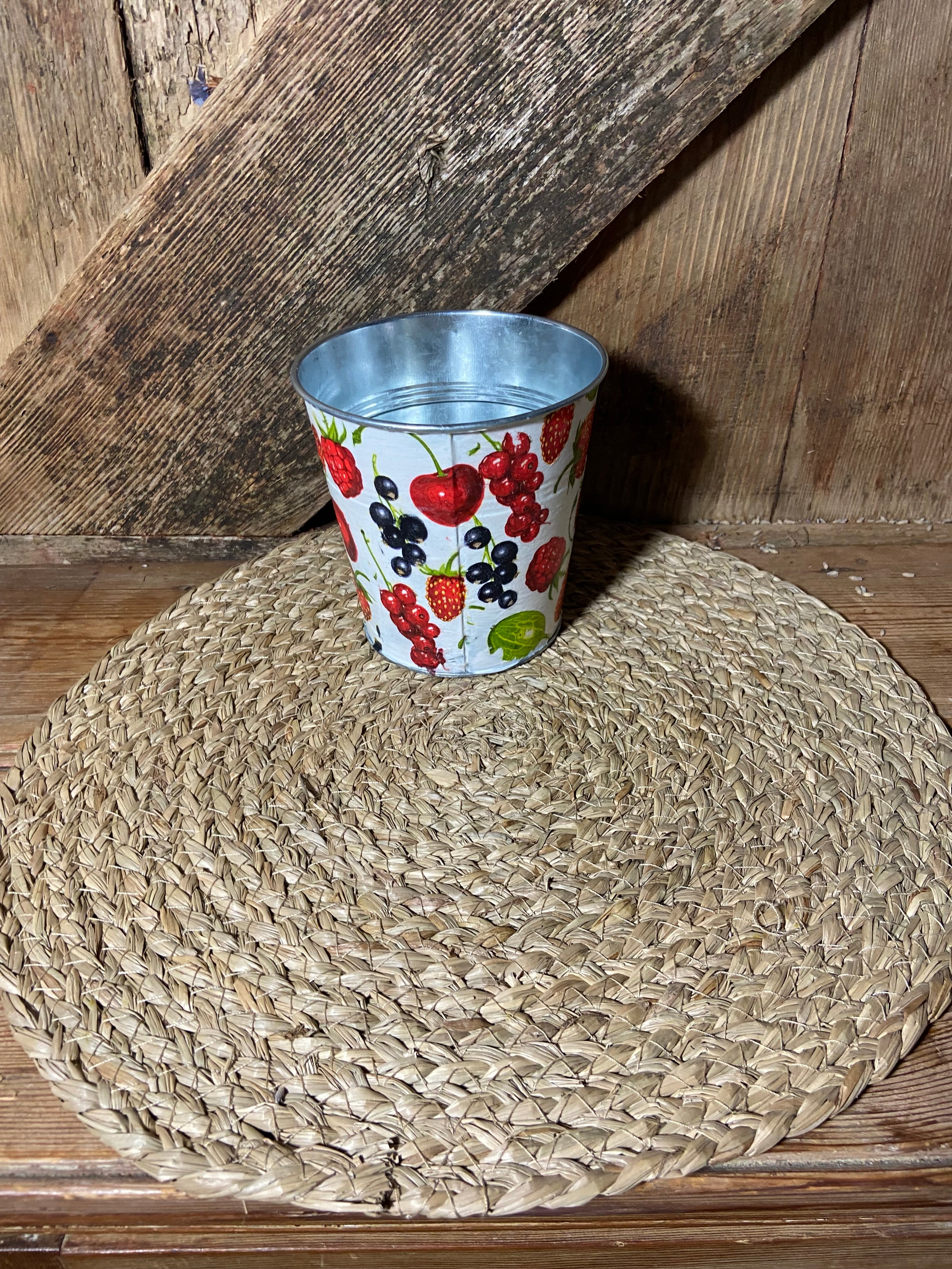 side shot summer fruits metal planter white red strawberry cherry cottage core home decor vintage mothers day birthday