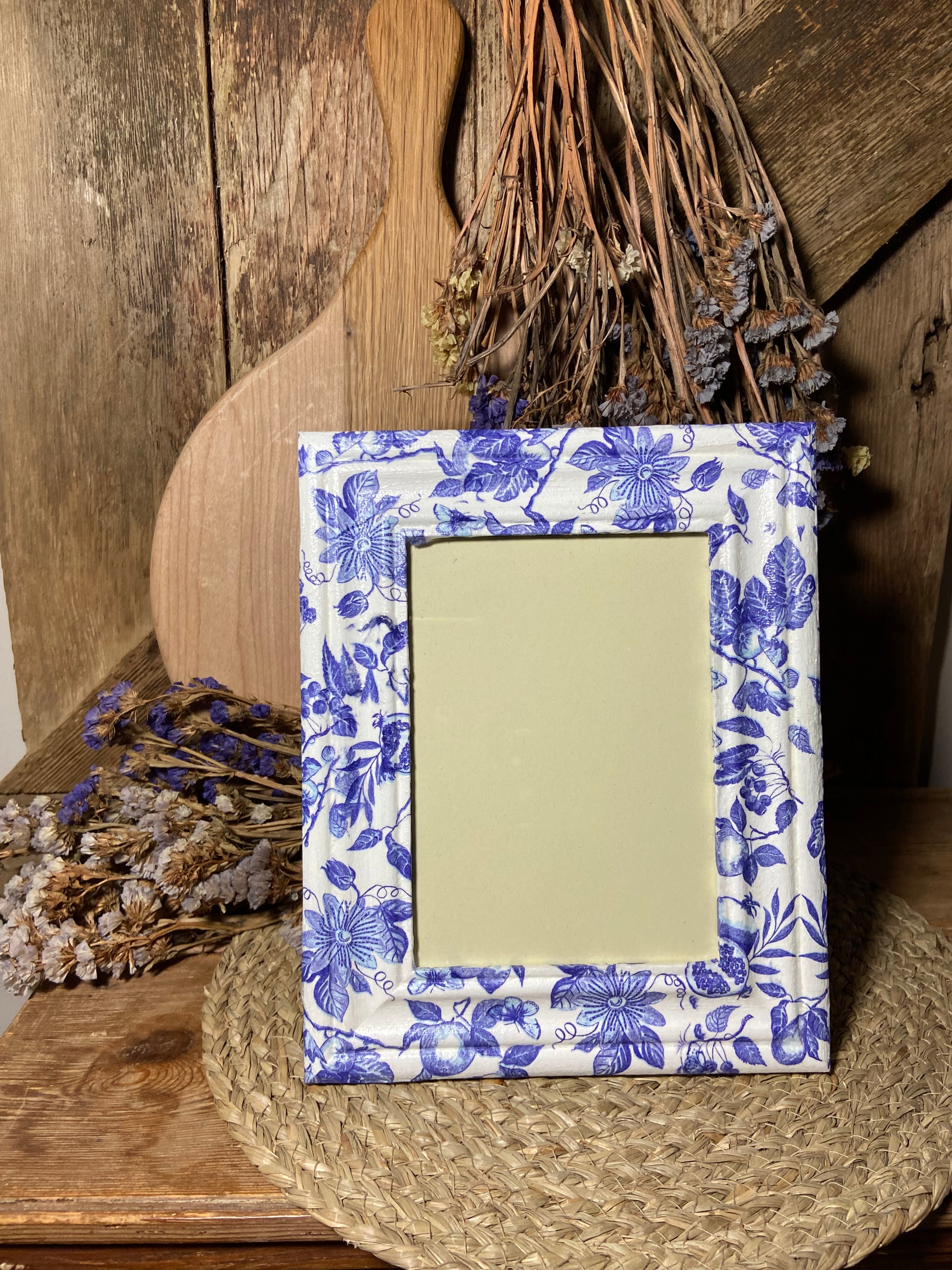 blue and white front shot passion flower picture frame cottage core home decor vintage floral mothers day birthday 
