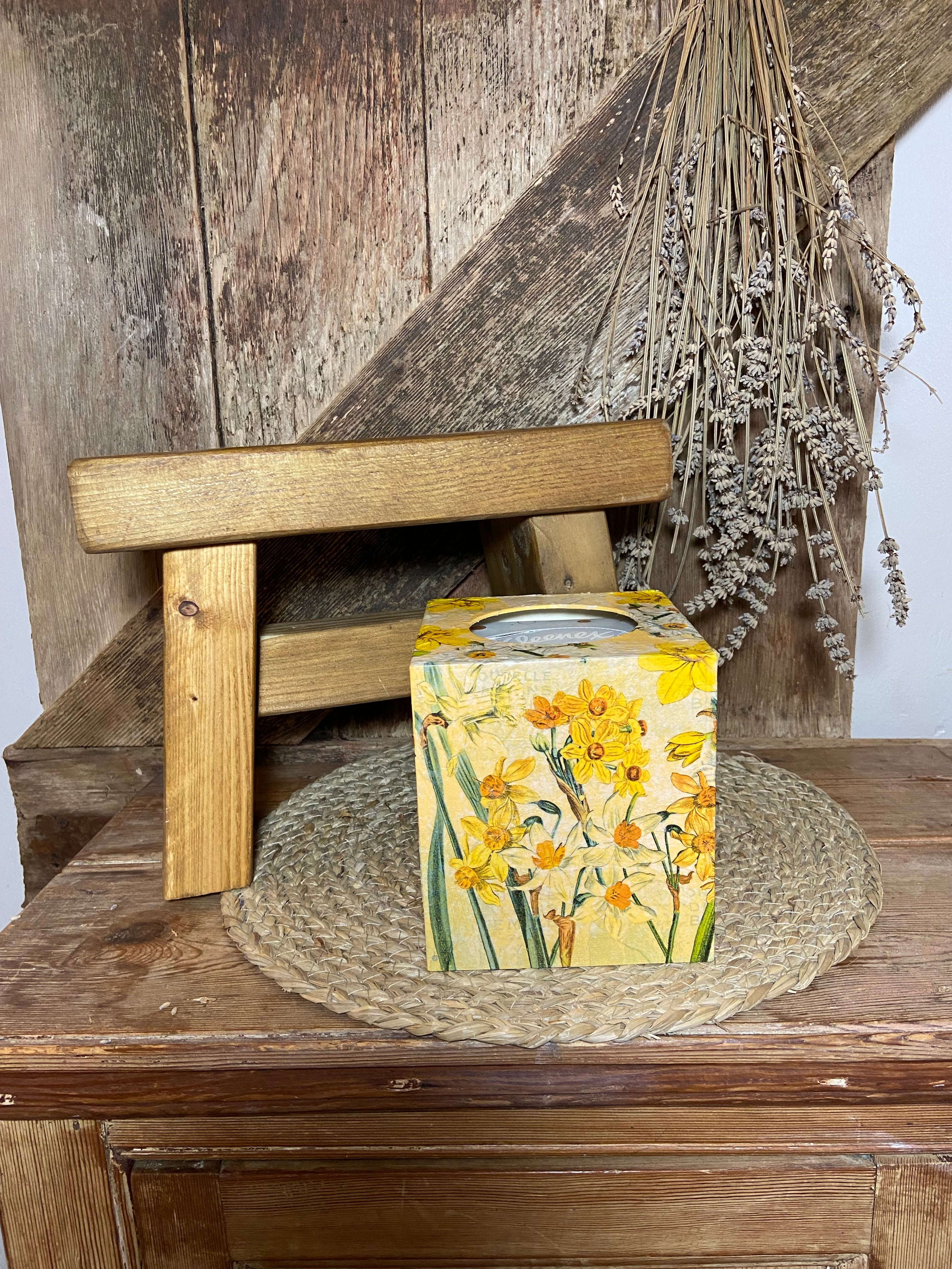 front shot daffodil tissue box yellow cottage core home decor vintage floral mothers day birthday